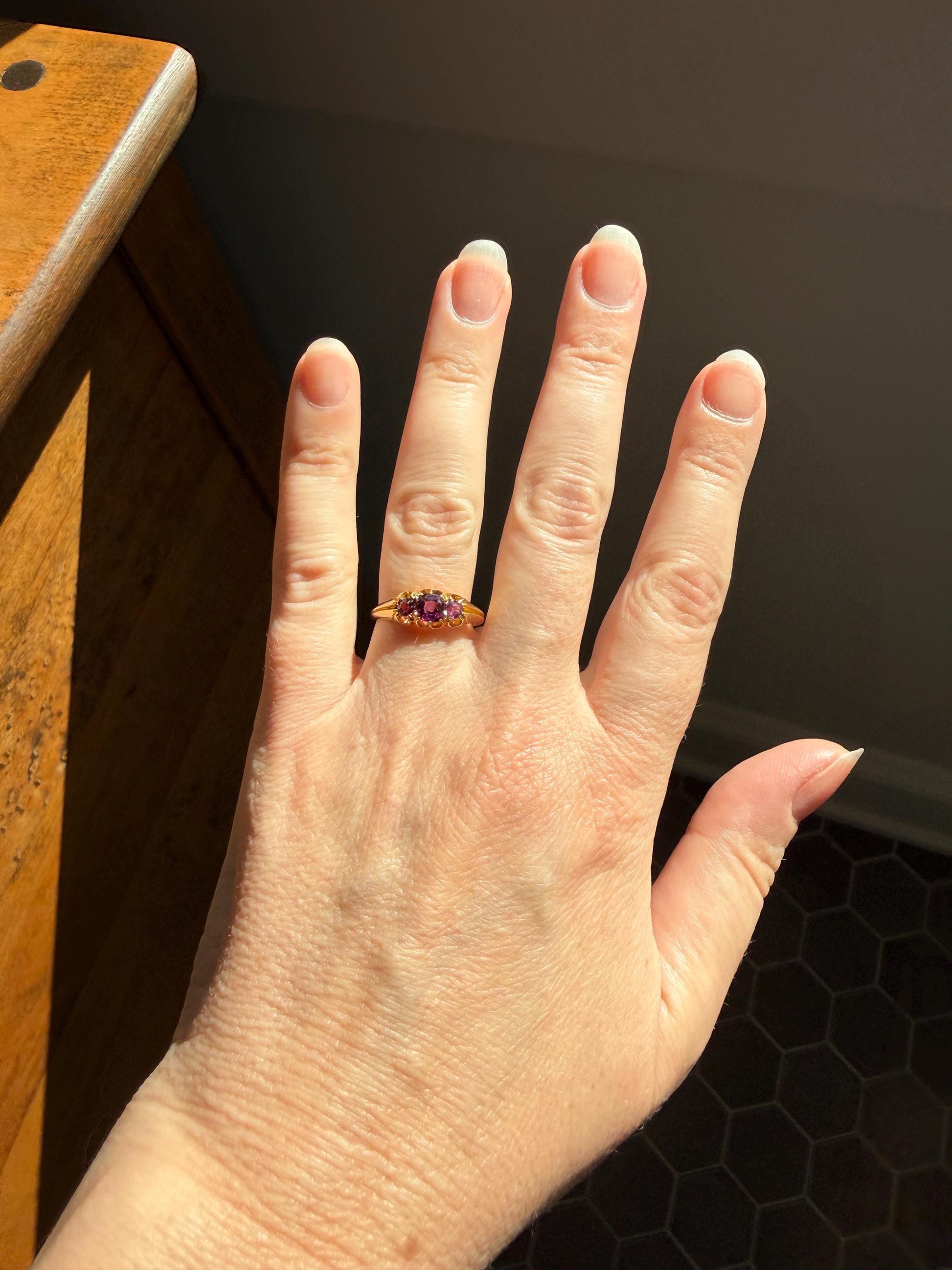 Antique Pinkish Purple Rhodolite Old Cut GARNET Three Stone Ring Victorian 18k Gold Stacker Band