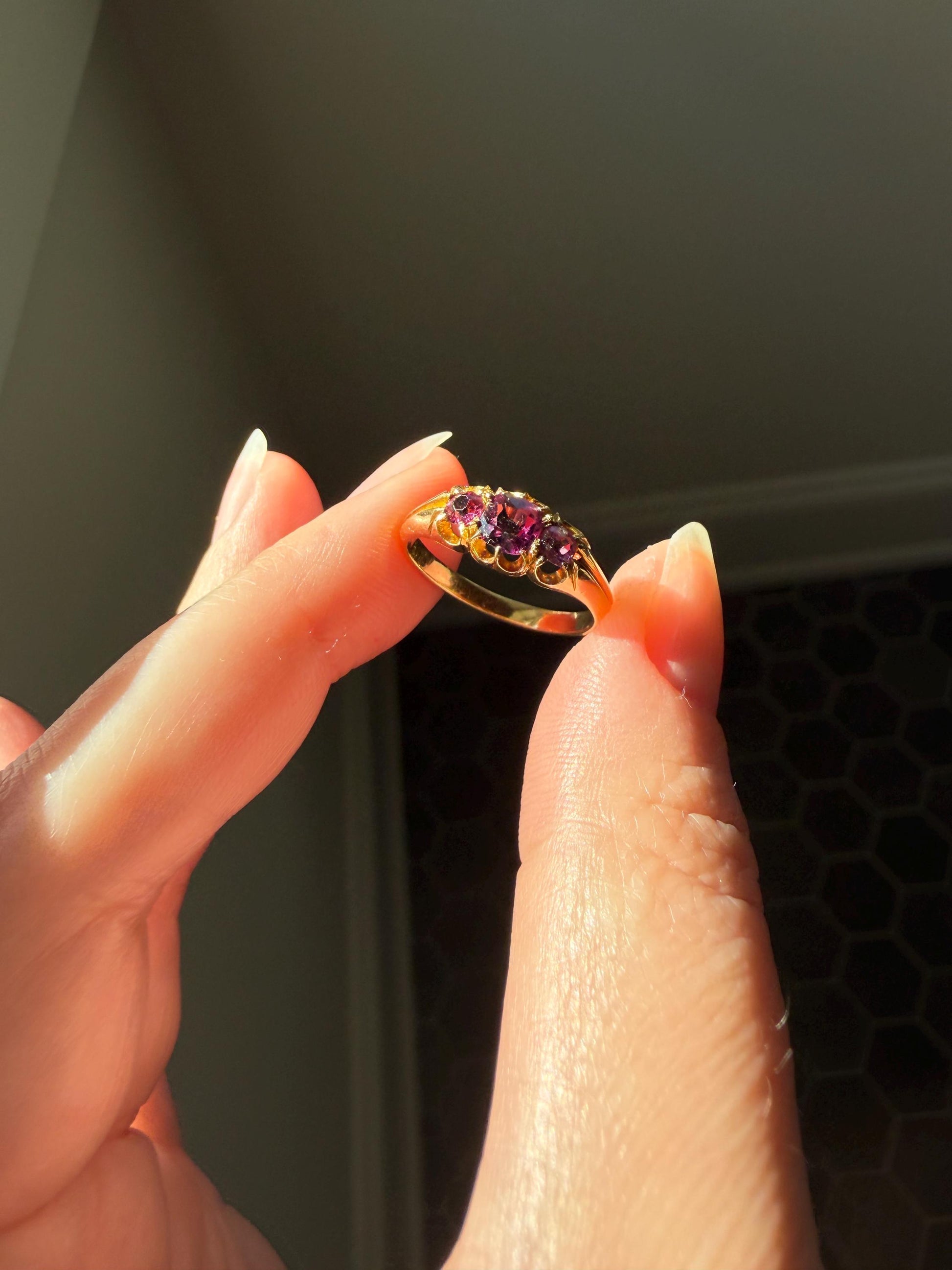 Antique Pinkish Purple Rhodolite Old Cut GARNET Three Stone Ring Victorian 18k Gold Stacker Band