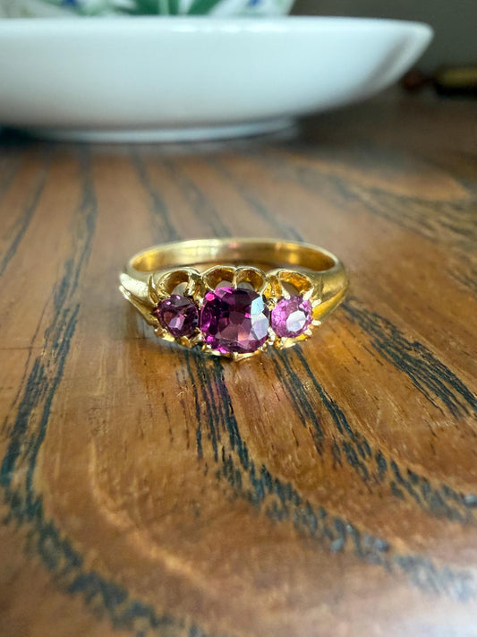 Antique Pinkish Purple Rhodolite Old Cut GARNET Three Stone Ring Victorian 18k Gold Stacker Band