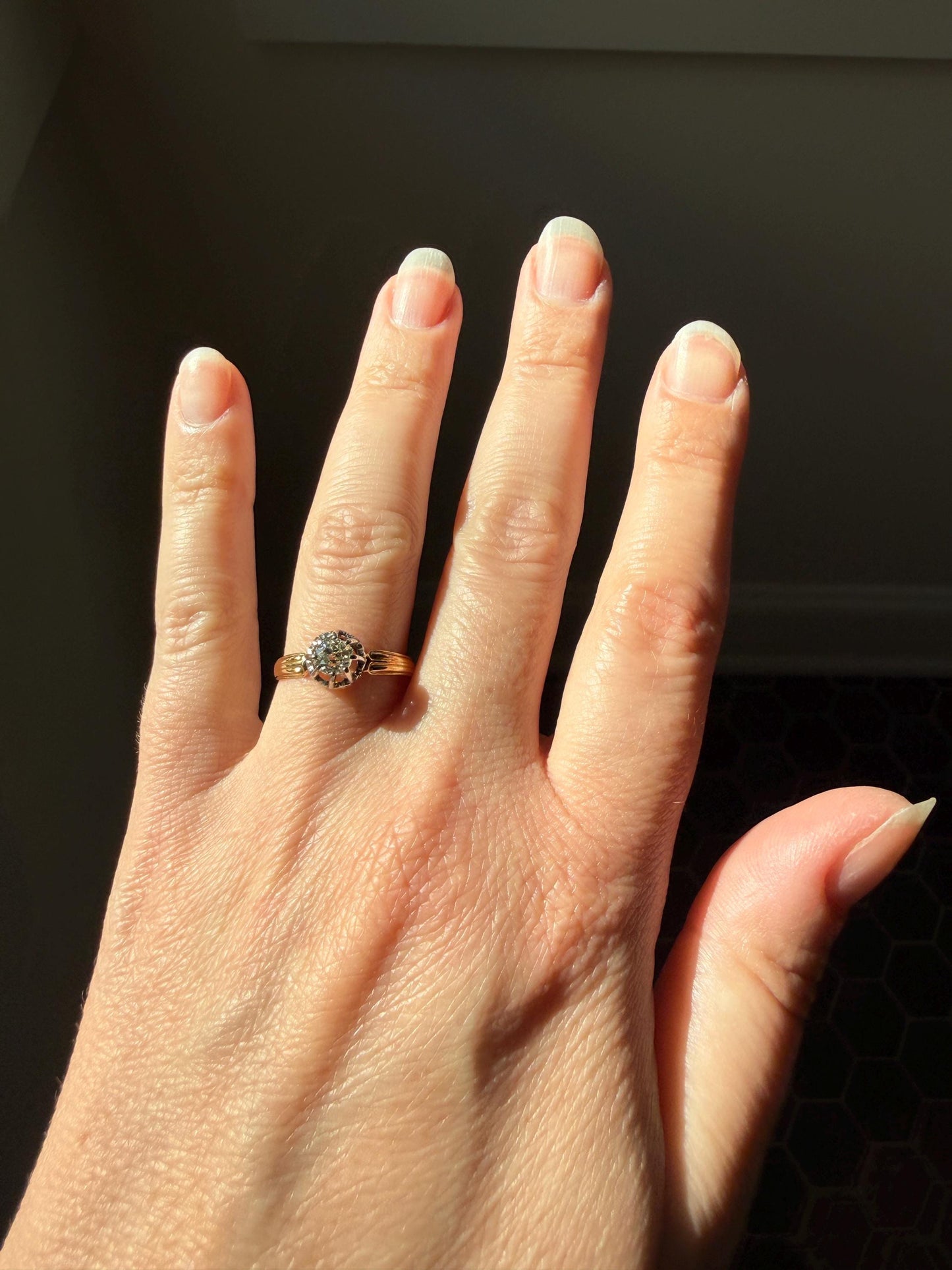 ANTIQUE .4 Carat Old MiNE Cut DIAMOND Ring 18k Gold Solitaire Engagement Minimalist Stacker OMC Warm Victorian Classic Ornate Prongs