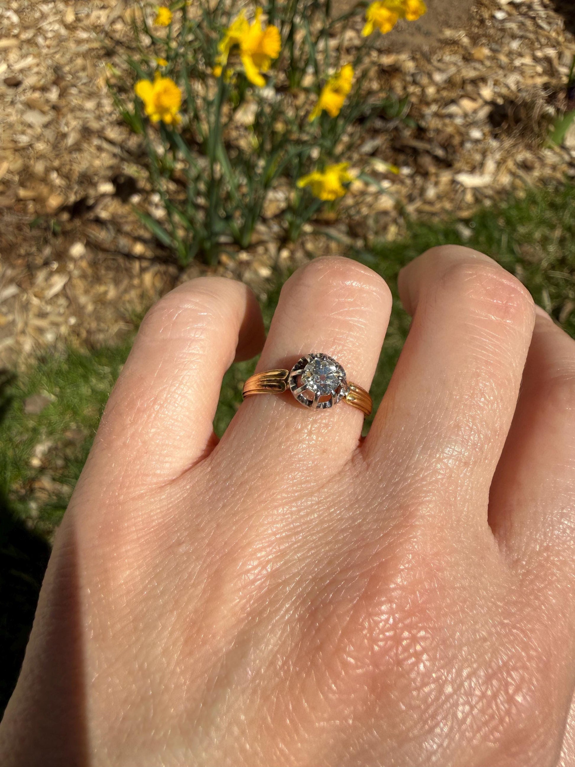 ANTIQUE .4 Carat Old MiNE Cut DIAMOND Ring 18k Gold Solitaire Engagement Minimalist Stacker OMC Warm Victorian Classic Ornate Prongs