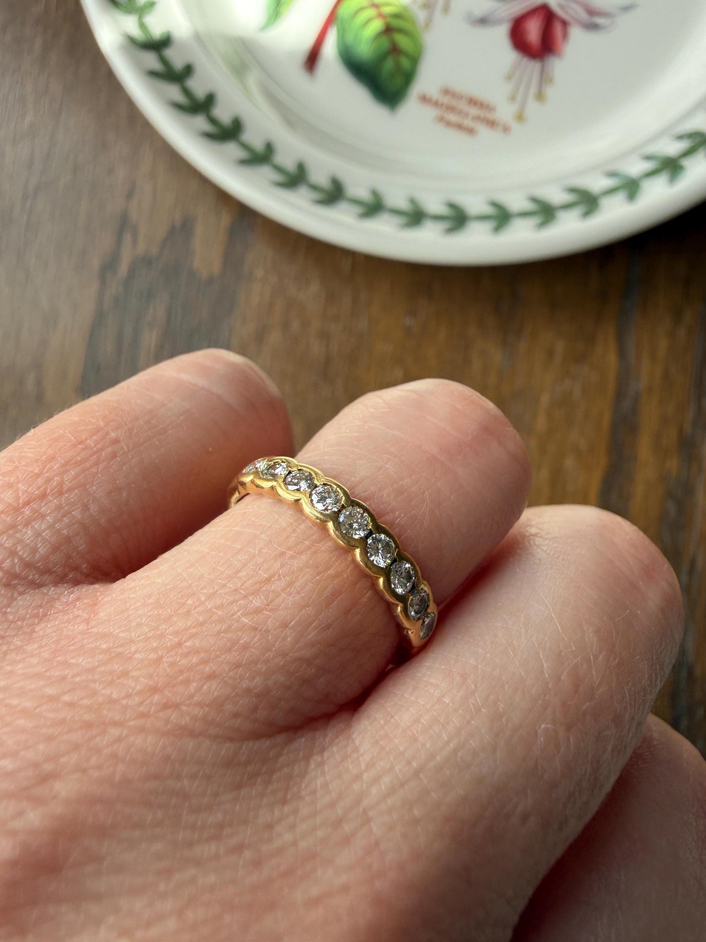 Vintage 18k Gold Nine Stone Diamond Wedding Skinny Band Minimalist Stacker Ring Scalloped Bezel Setting