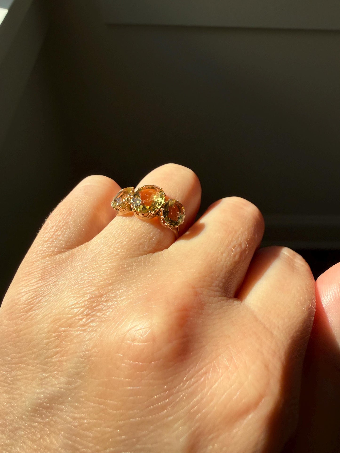 ANTIQUE Victorian Sunny Yellow 3.4 Carats Old Cut Natural Citrine Three Stone Band French Ring 18k Gold Oval Classic Crown Prong Setting