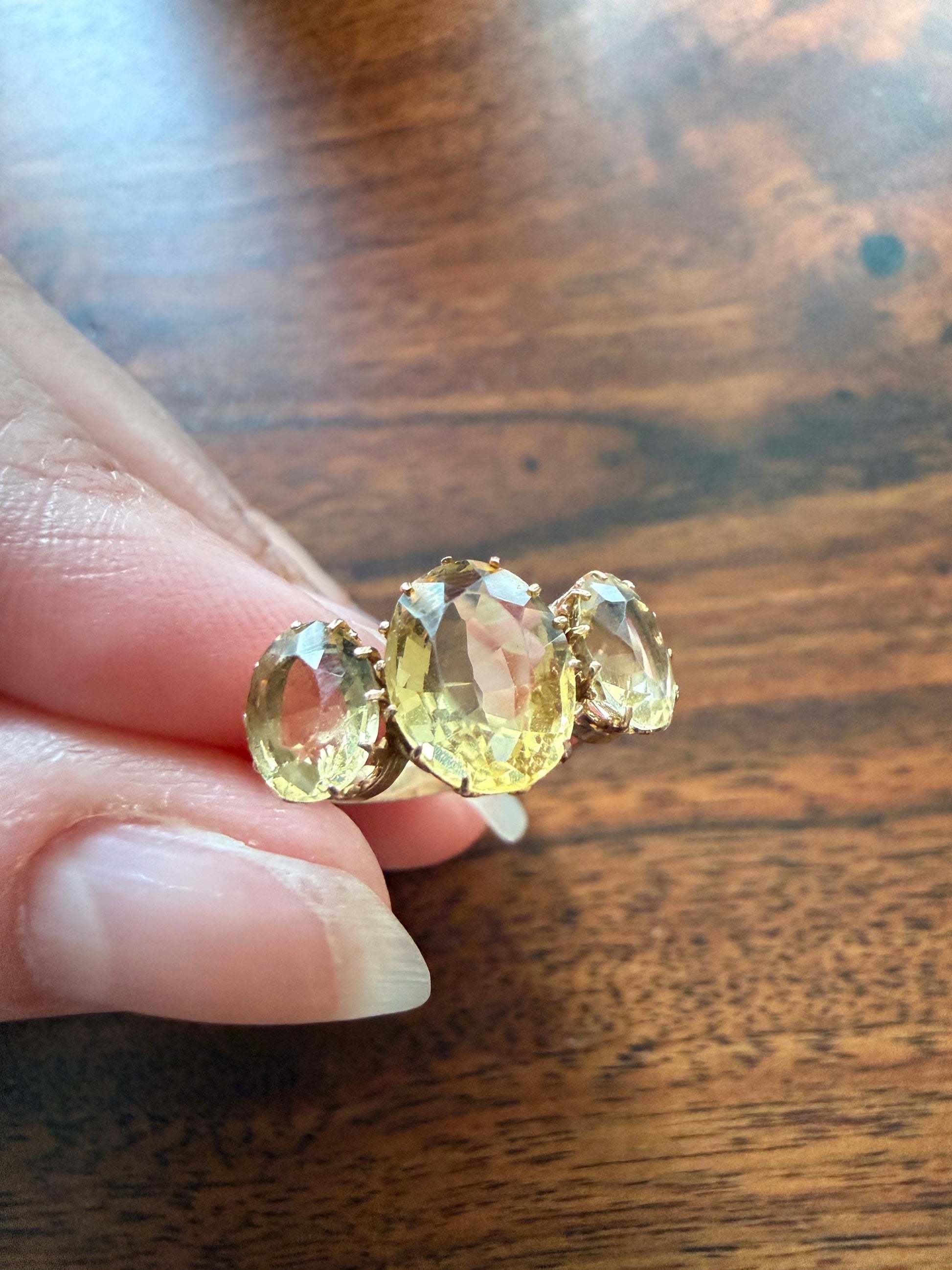 ANTIQUE Victorian Sunny Yellow 3.4 Carats Old Cut Natural Citrine Three Stone Band French Ring 18k Gold Oval Classic Crown Prong Setting