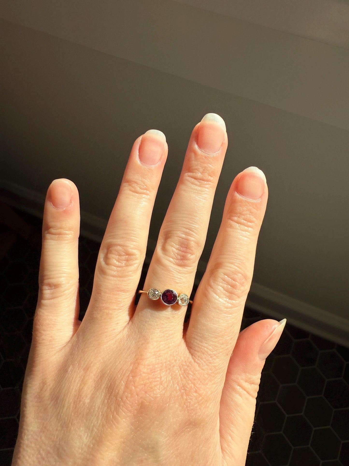 Antique Natural Pinkish Red Ruby Old Mine Cut Diamond Three Stone Band 18k Gold Platinum Ring Stacker