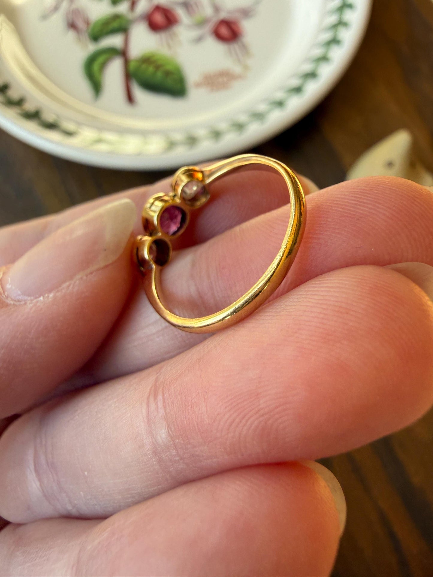 Antique Natural Pinkish Red Ruby Old Mine Cut Diamond Three Stone Band 18k Gold Platinum Ring Stacker