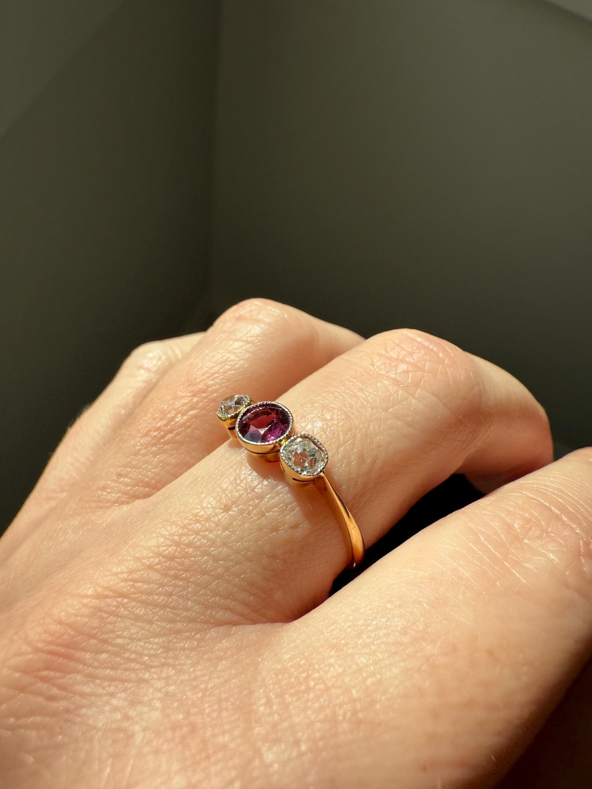 Antique Natural Pinkish Red Ruby Old Mine Cut Diamond Three Stone Band 18k Gold Platinum Ring Stacker