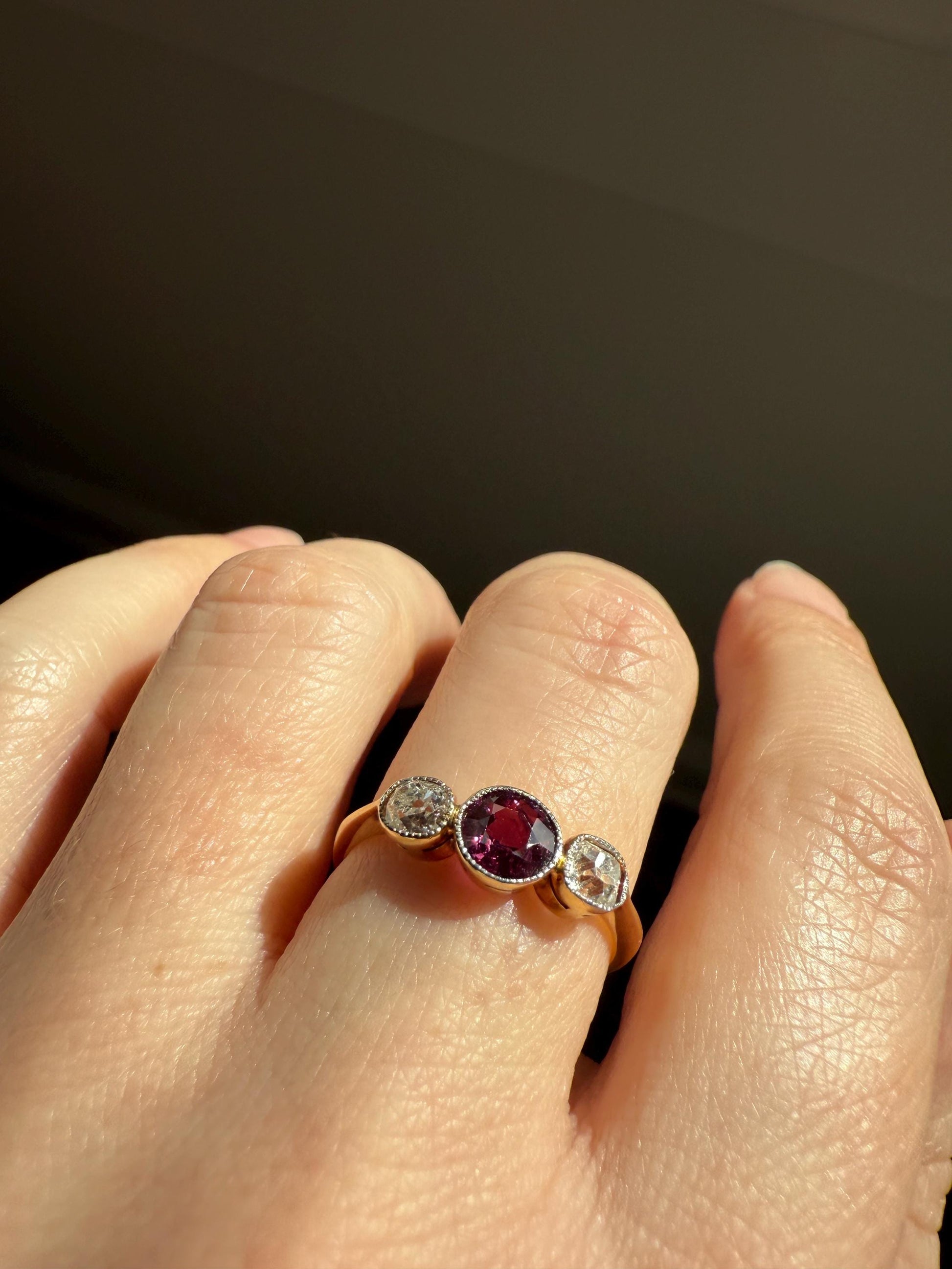 Antique Natural Pinkish Red Ruby Old Mine Cut Diamond Three Stone Band 18k Gold Platinum Ring Stacker