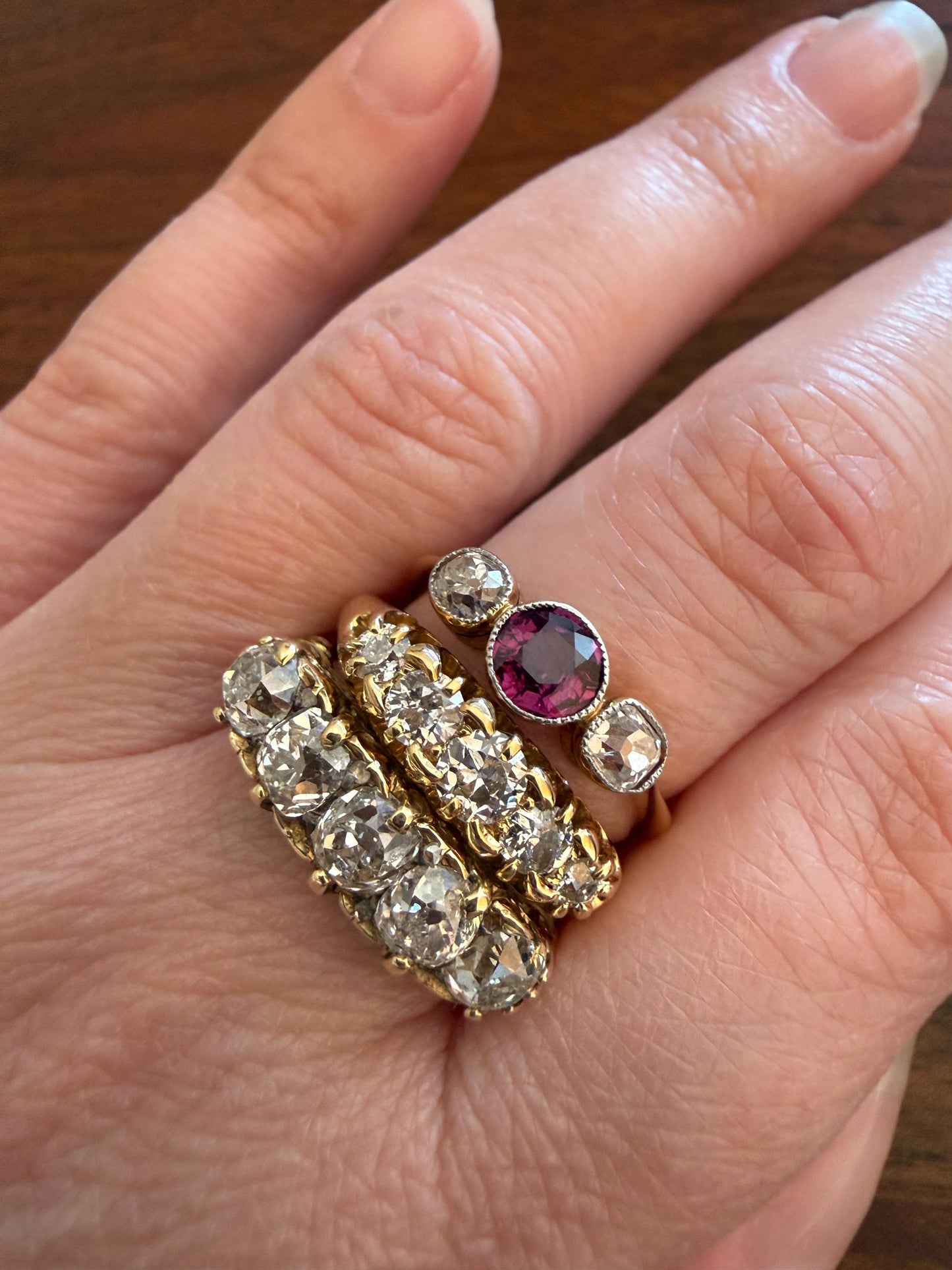 Antique Natural Pinkish Red Ruby Old Mine Cut Diamond Three Stone Band 18k Gold Platinum Ring Stacker
