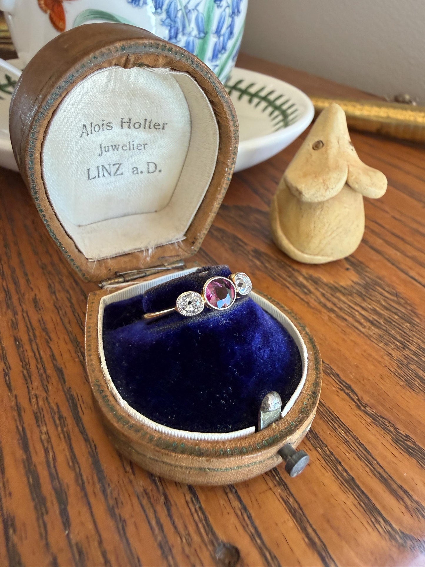 Antique Natural Pinkish Red Ruby Old Mine Cut Diamond Three Stone Band 18k Gold Platinum Ring Stacker