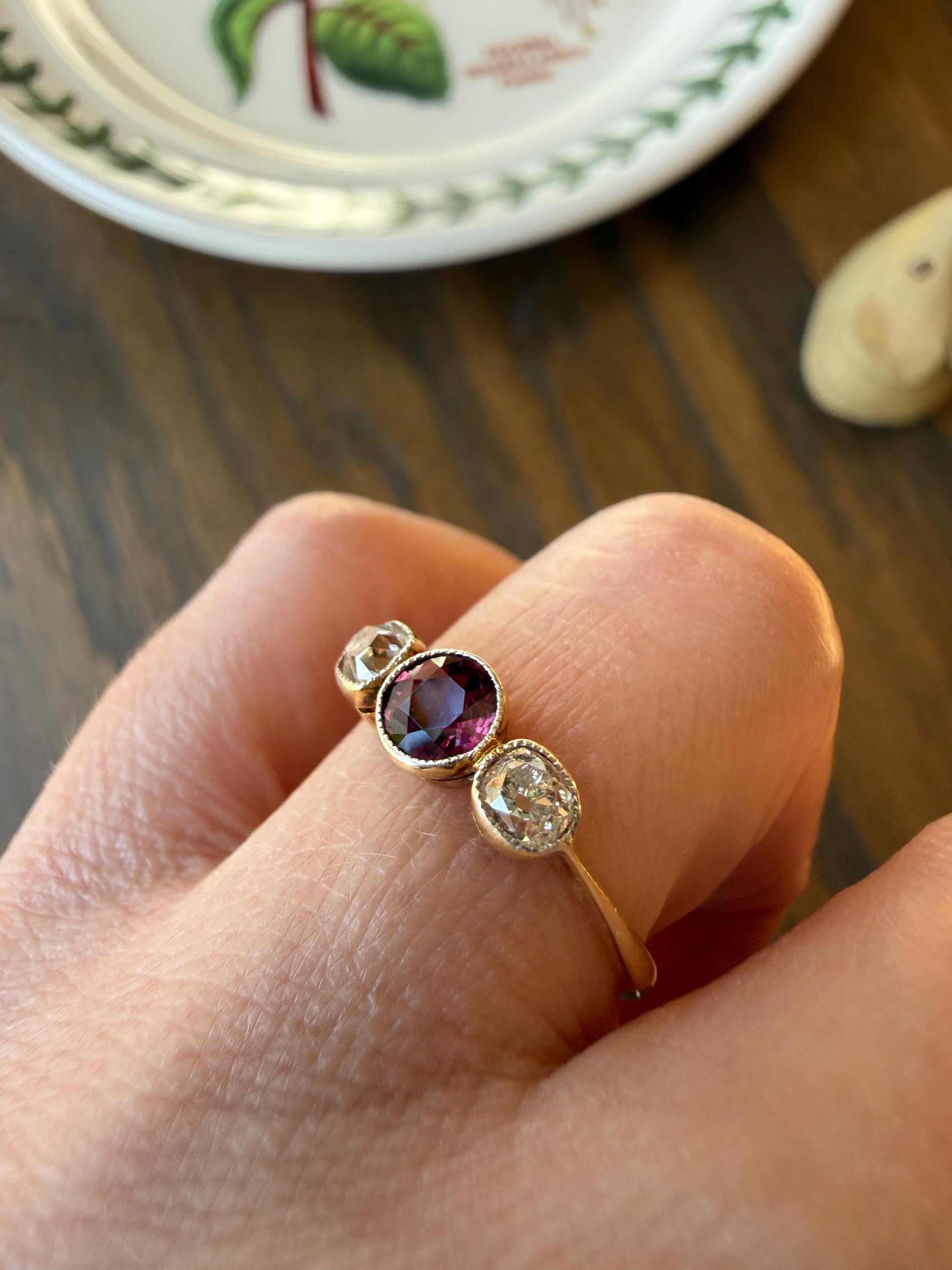 Antique Natural Pinkish Red Ruby Old Mine Cut Diamond Three Stone Band 18k Gold Platinum Ring Stacker