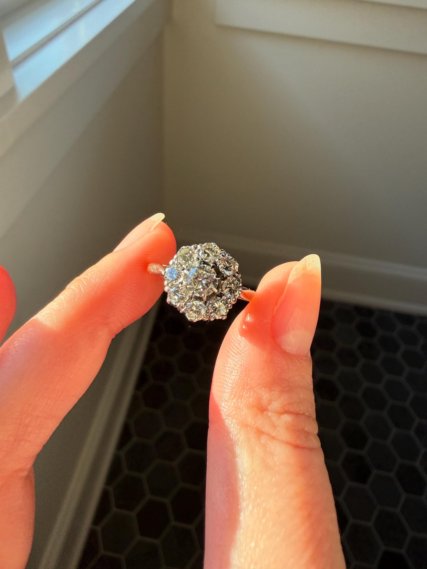 Vintage Older Brilliant Cut 1.45 Carat Tdw Natural DIAMOND Cluster Ring 18k Gold & Platinum Band Fiery Stacker Nine Stone 1.45ctw