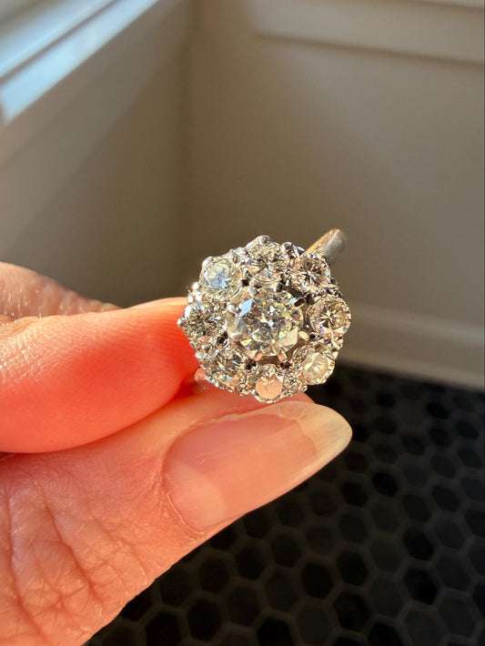 Vintage Older Brilliant Cut 1.45 Carat Tdw Natural DIAMOND Cluster Ring 18k Gold & Platinum Band Fiery Stacker Nine Stone 1.45ctw