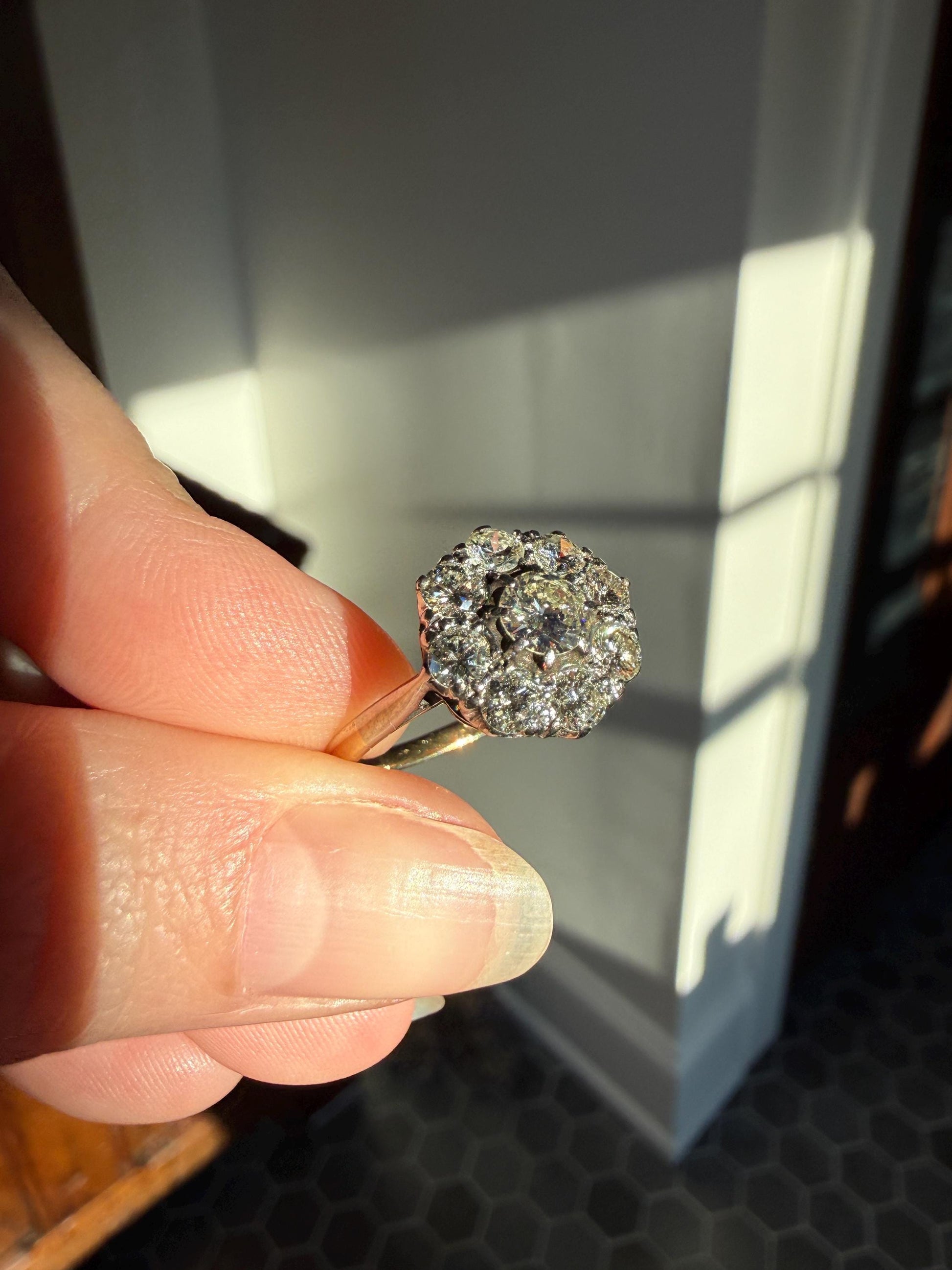 Vintage Older Brilliant Cut 1.45 Carat Tdw Natural DIAMOND Cluster Ring 18k Gold & Platinum Band Fiery Stacker Nine Stone 1.45ctw