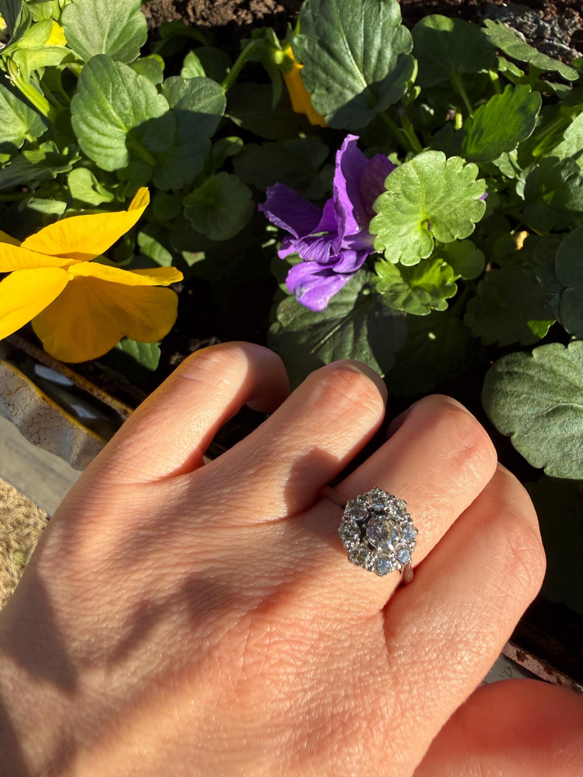 Vintage Older Brilliant Cut 1.45 Carat Tdw Natural DIAMOND Cluster Ring 18k Gold & Platinum Band Fiery Stacker Nine Stone 1.45ctw