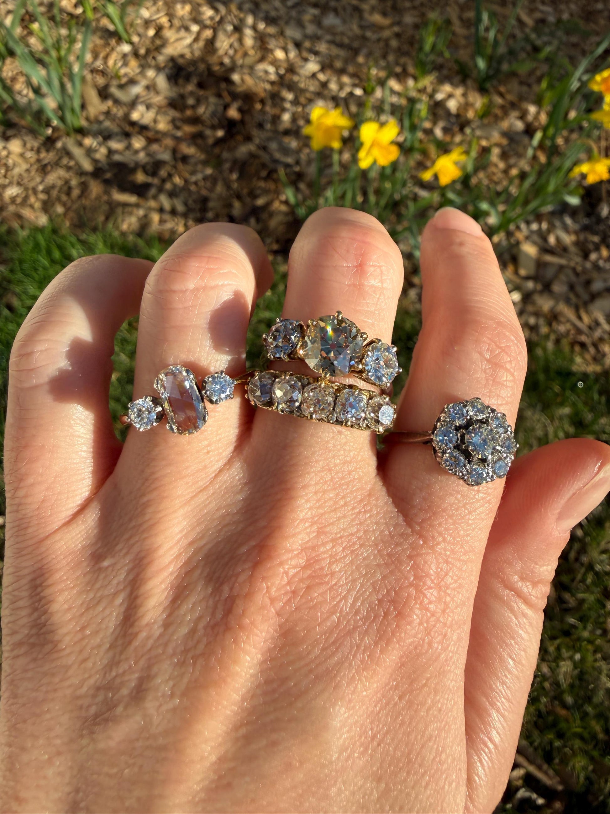 Vintage Older Brilliant Cut 1.45 Carat Tdw Natural DIAMOND Cluster Ring 18k Gold & Platinum Band Fiery Stacker Nine Stone 1.45ctw