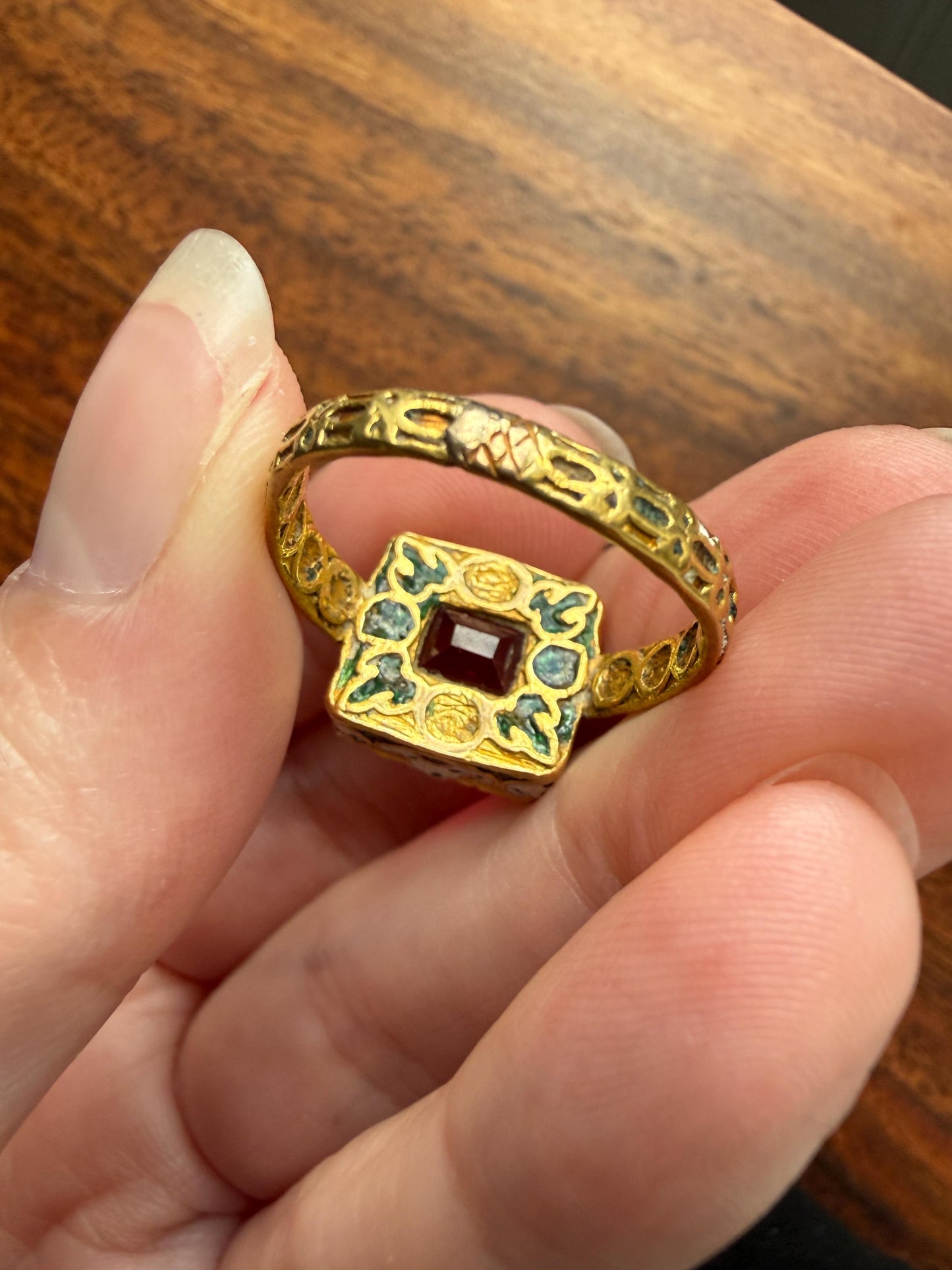 Rare Antique Pyramid Ring Enamel Vibrant Table Cut Red Paste Glass Faux Ruby 18 Gold French Bague Tombeau? Pie Crust Bezel Green Ring Butt