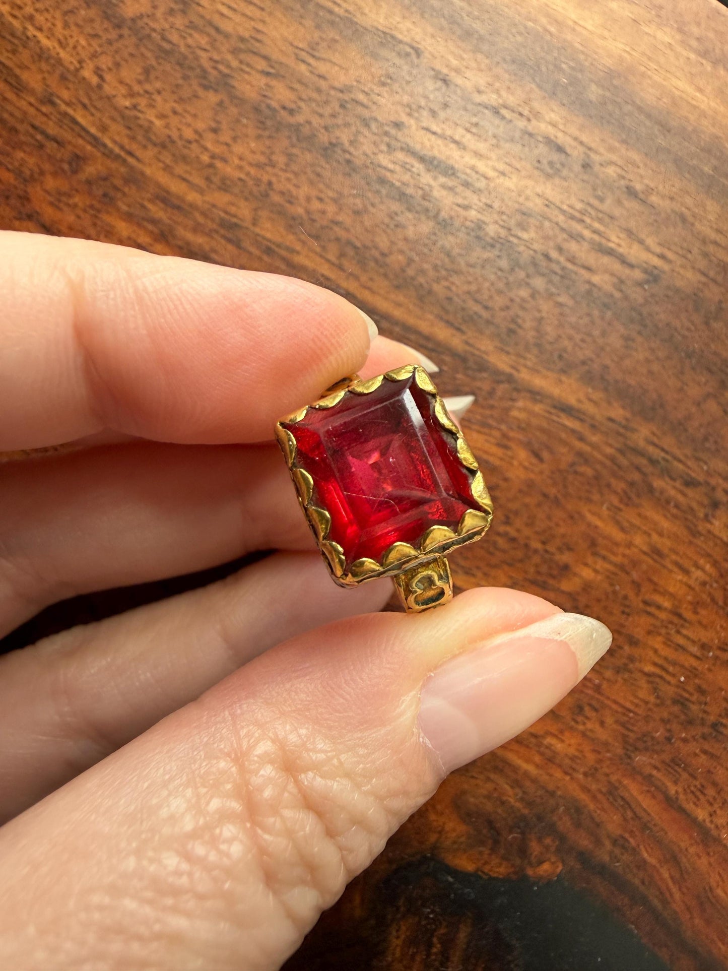Rare Antique Pyramid Ring Enamel Vibrant Table Cut Red Paste Glass Faux Ruby 18 Gold French Bague Tombeau? Pie Crust Bezel Green Ring Butt