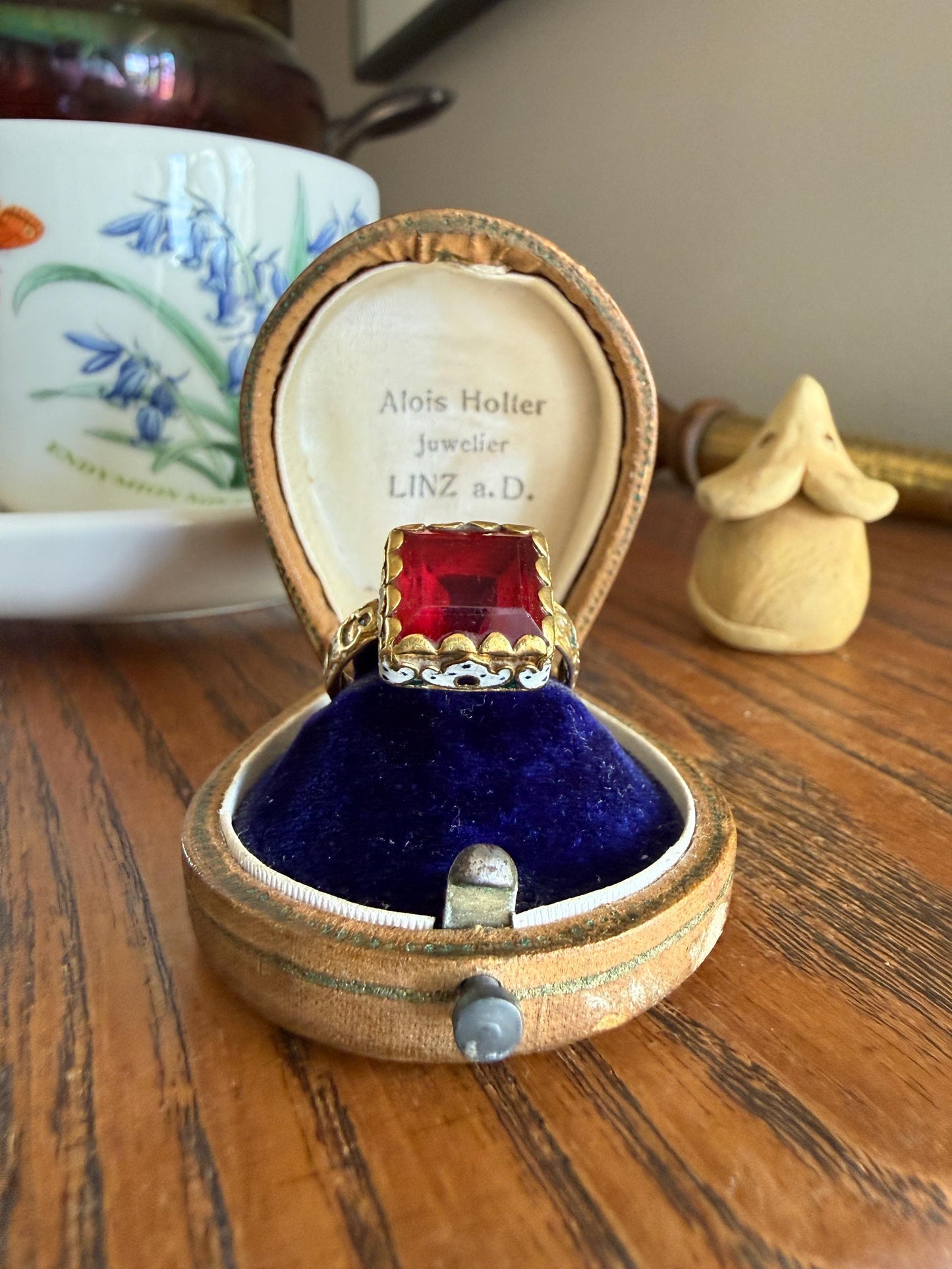 Rare Antique Pyramid Ring Enamel Vibrant Table Cut Red Paste Glass Faux Ruby 18 Gold French Bague Tombeau? Pie Crust Bezel Green Ring Butt