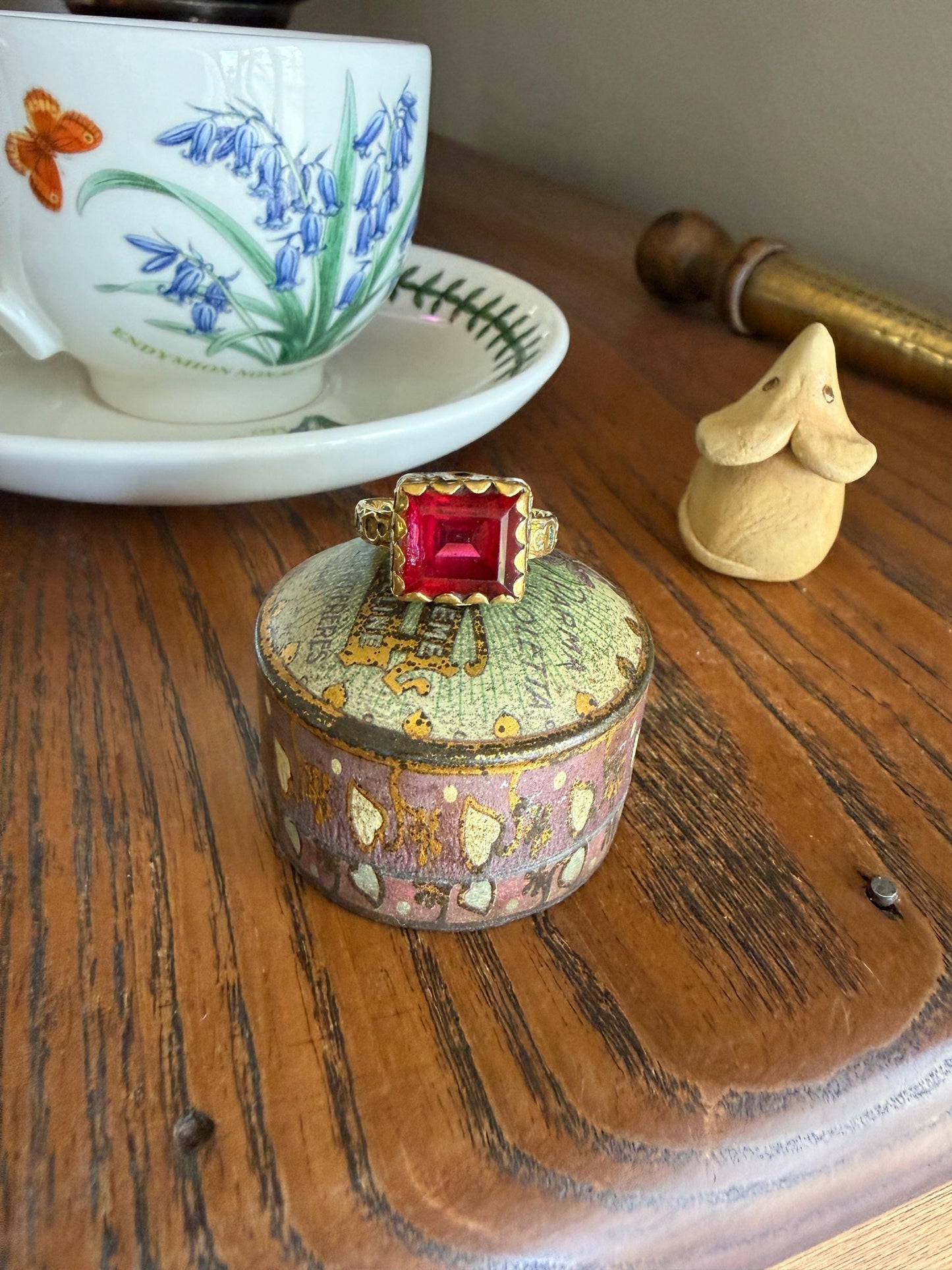 Rare Antique Pyramid Ring Enamel Vibrant Table Cut Red Paste Glass Faux Ruby 18 Gold French Bague Tombeau? Pie Crust Bezel Green Ring Butt