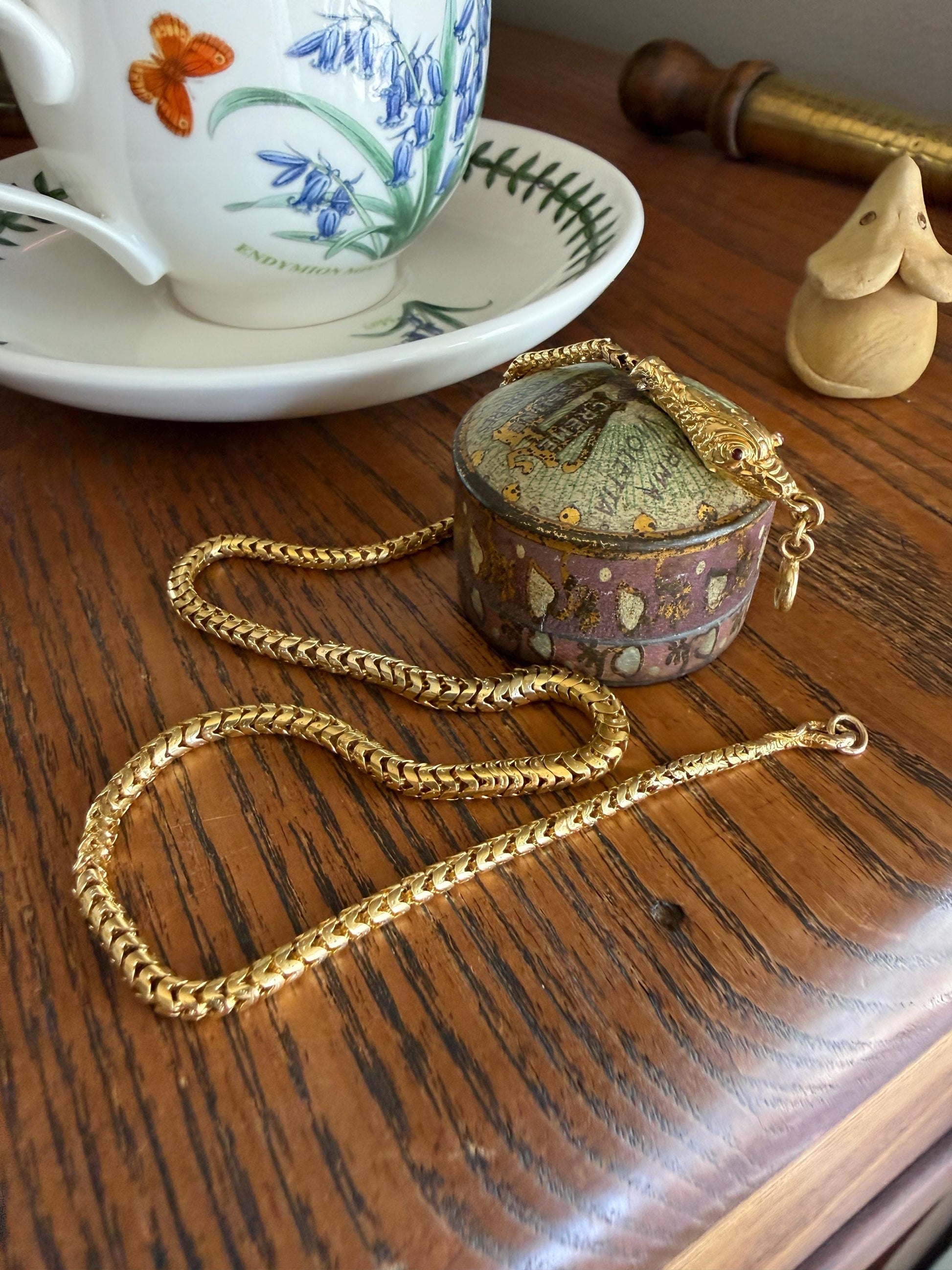 Antique SNAKE Head and Coiled Tail Reticulated Scales Chain 20g 18k Gold Solid Victorian Figural Heavy Necklace