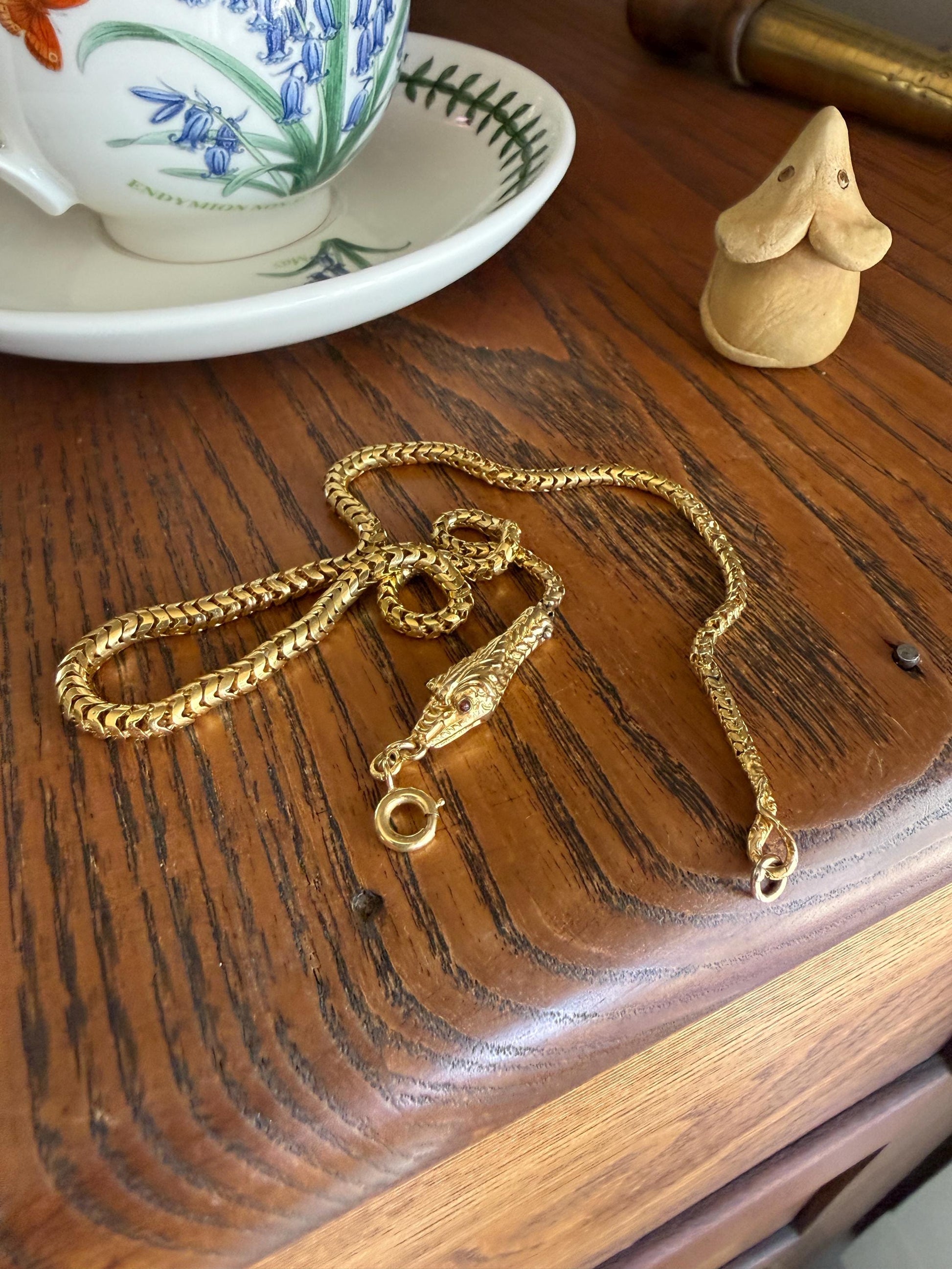 Antique SNAKE Head and Coiled Tail Reticulated Scales Chain 20g 18k Gold Solid Victorian Figural Heavy Necklace