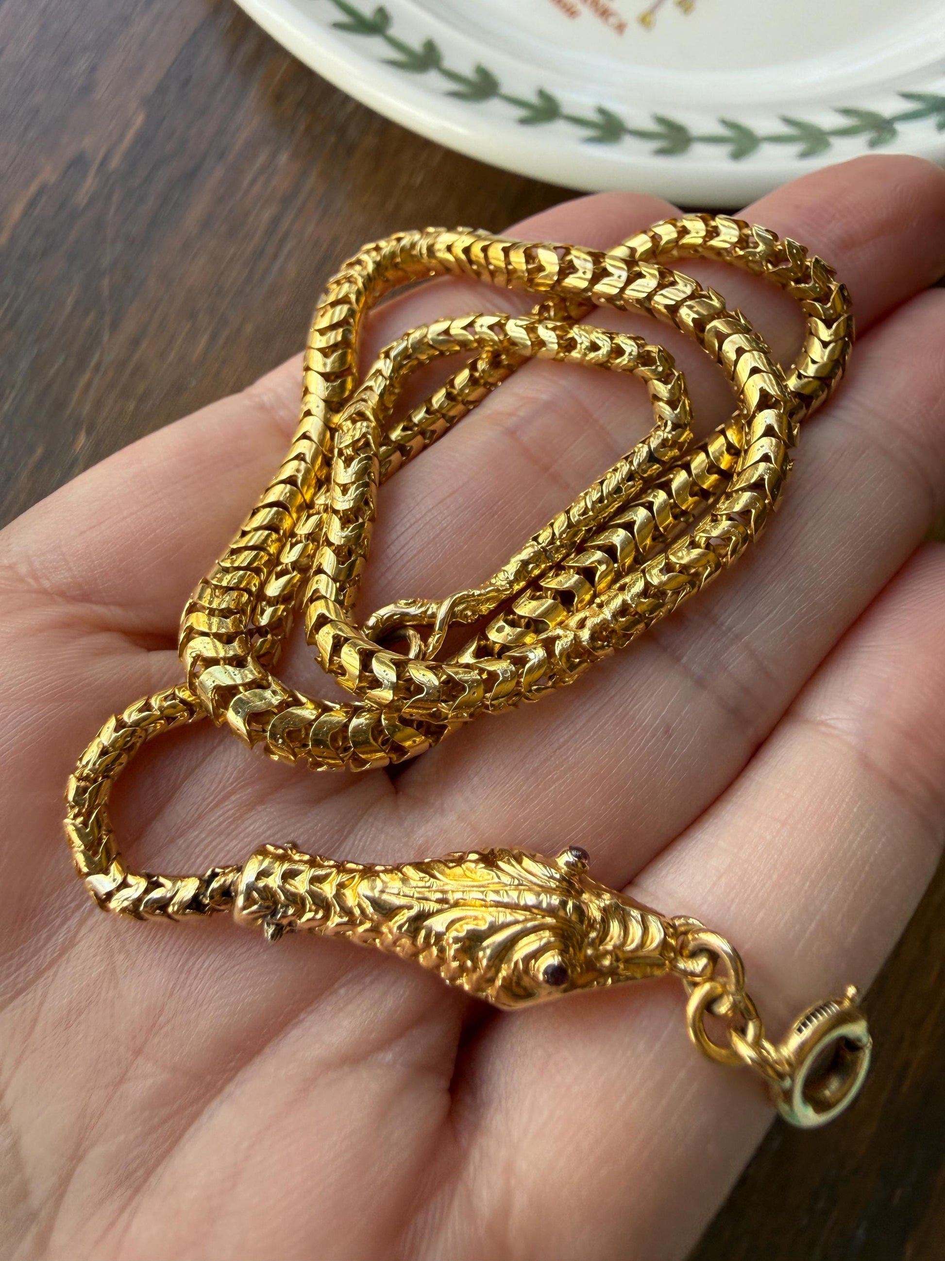 Antique SNAKE Head and Coiled Tail Reticulated Scales Chain 20g 18k Gold Solid Victorian Figural Heavy Necklace