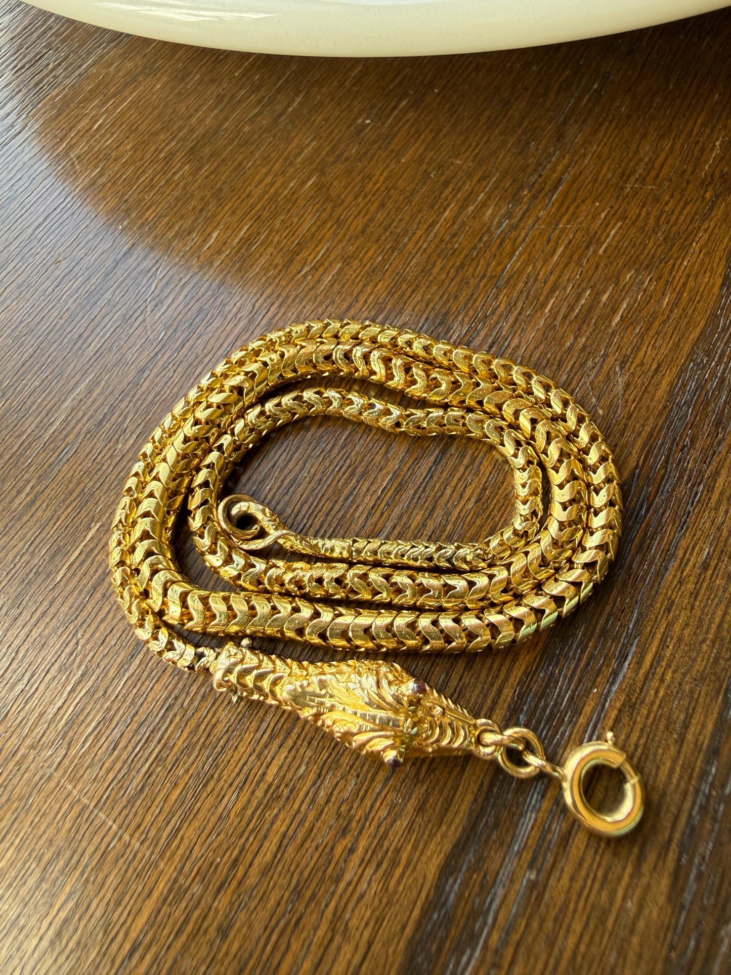 Antique SNAKE Head and Coiled Tail Reticulated Scales Chain 20g 18k Gold Solid Victorian Figural Heavy Necklace