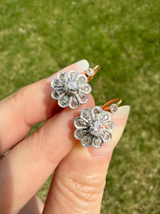 Victorian ANTIQUE Old Mine Rose Cut Diamond Daisy Cluster Dormeuse Earrings French 18k Gold Solid Floral Petals Dangle Belle Epoque