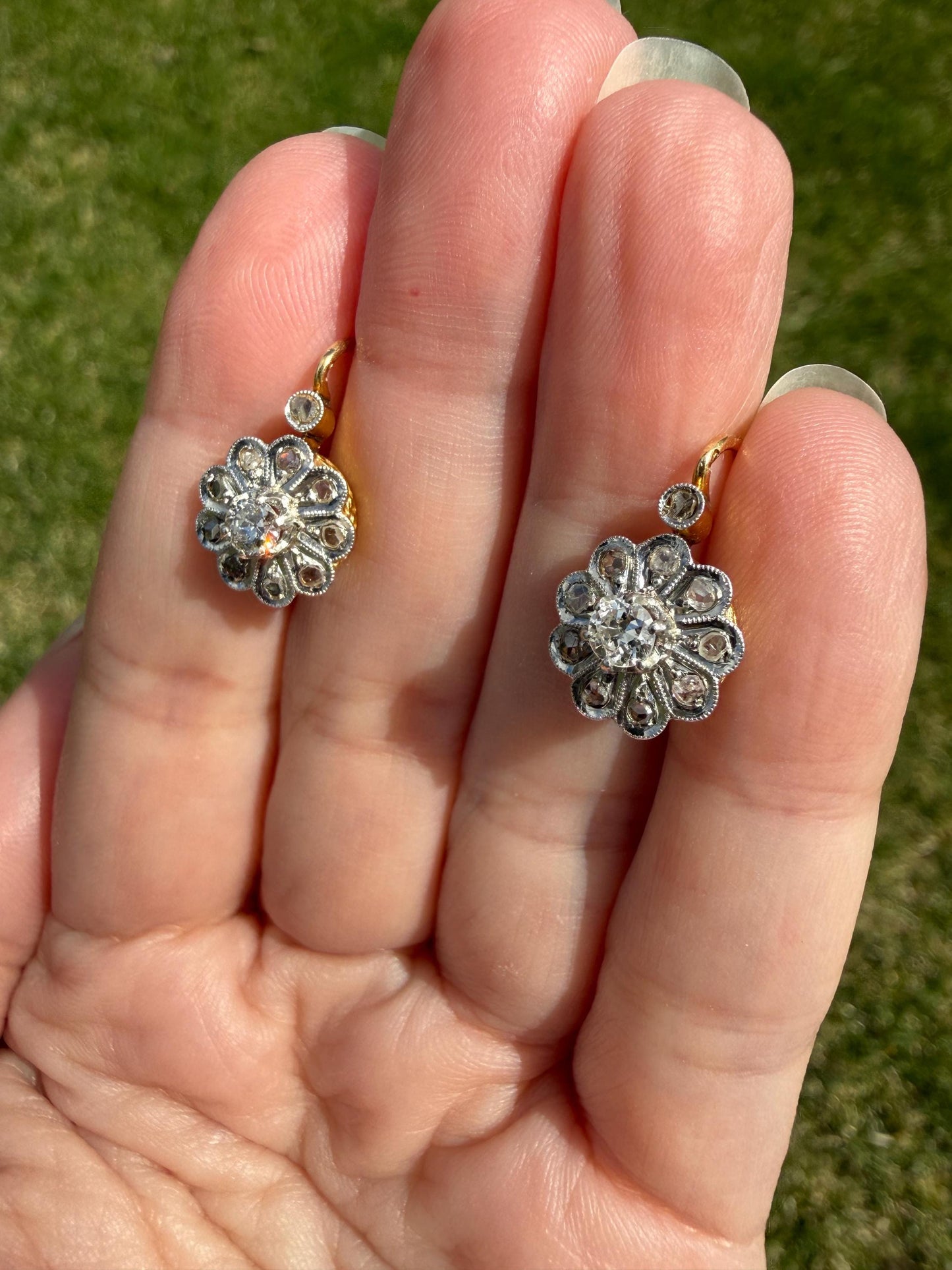 Victorian ANTIQUE Old Mine Rose Cut Diamond Daisy Cluster Dormeuse Earrings French 18k Gold Solid Floral Petals Dangle Belle Epoque