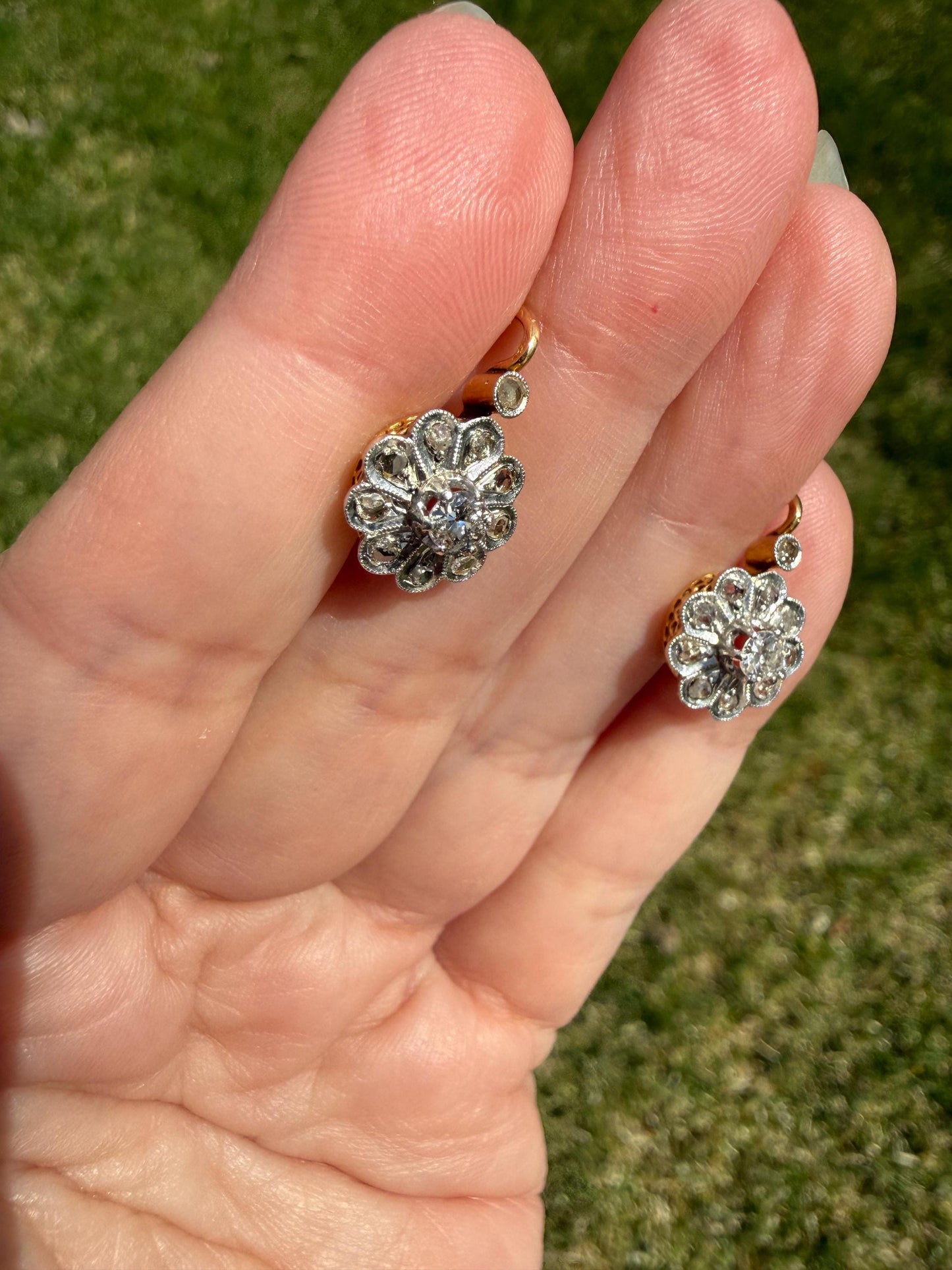 Victorian ANTIQUE Old Mine Rose Cut Diamond Daisy Cluster Dormeuse Earrings French 18k Gold Solid Floral Petals Dangle Belle Epoque