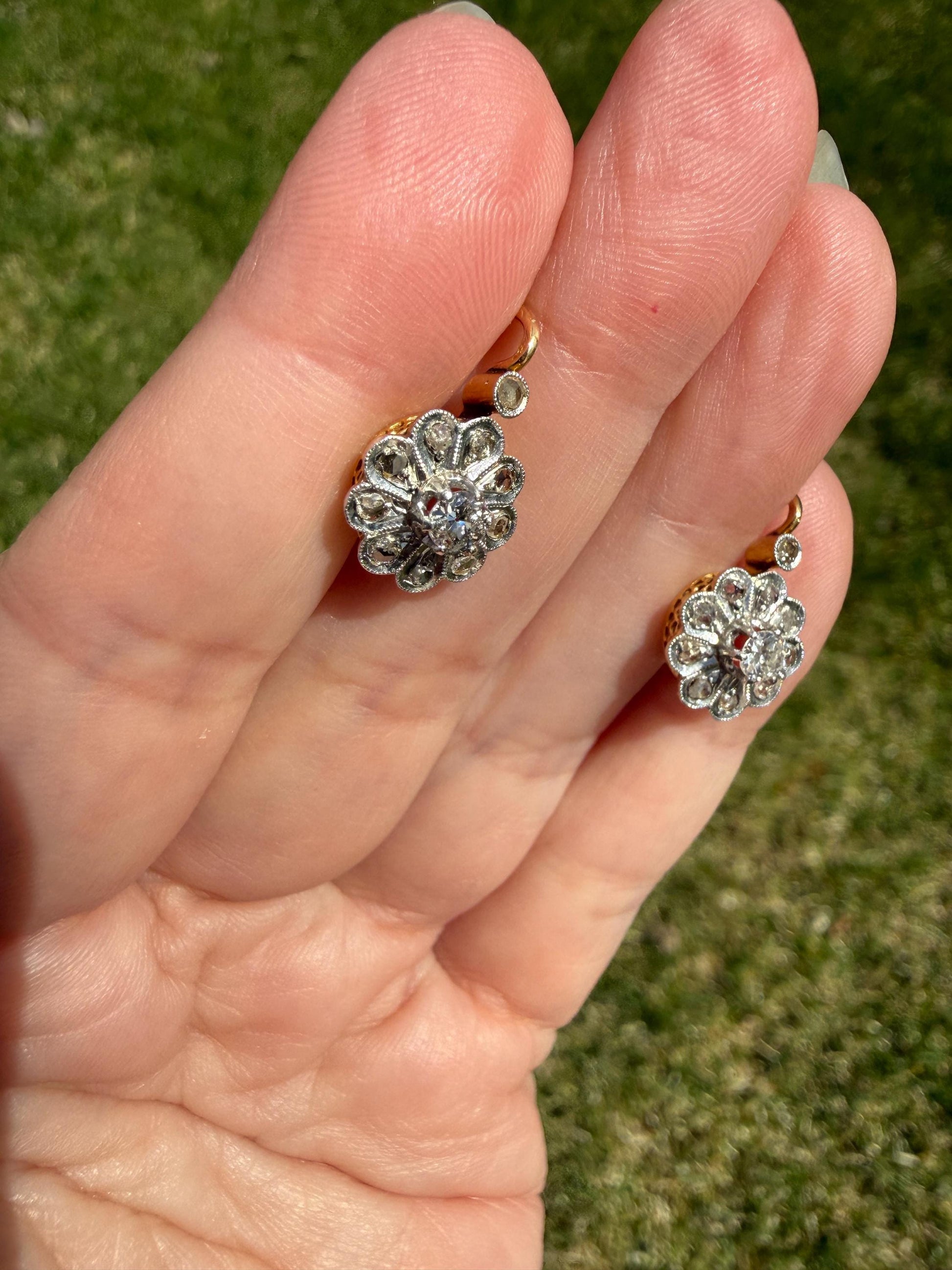 Victorian ANTIQUE Old Mine Rose Cut Diamond Daisy Cluster Dormeuse Earrings French 18k Gold Solid Floral Petals Dangle Belle Epoque