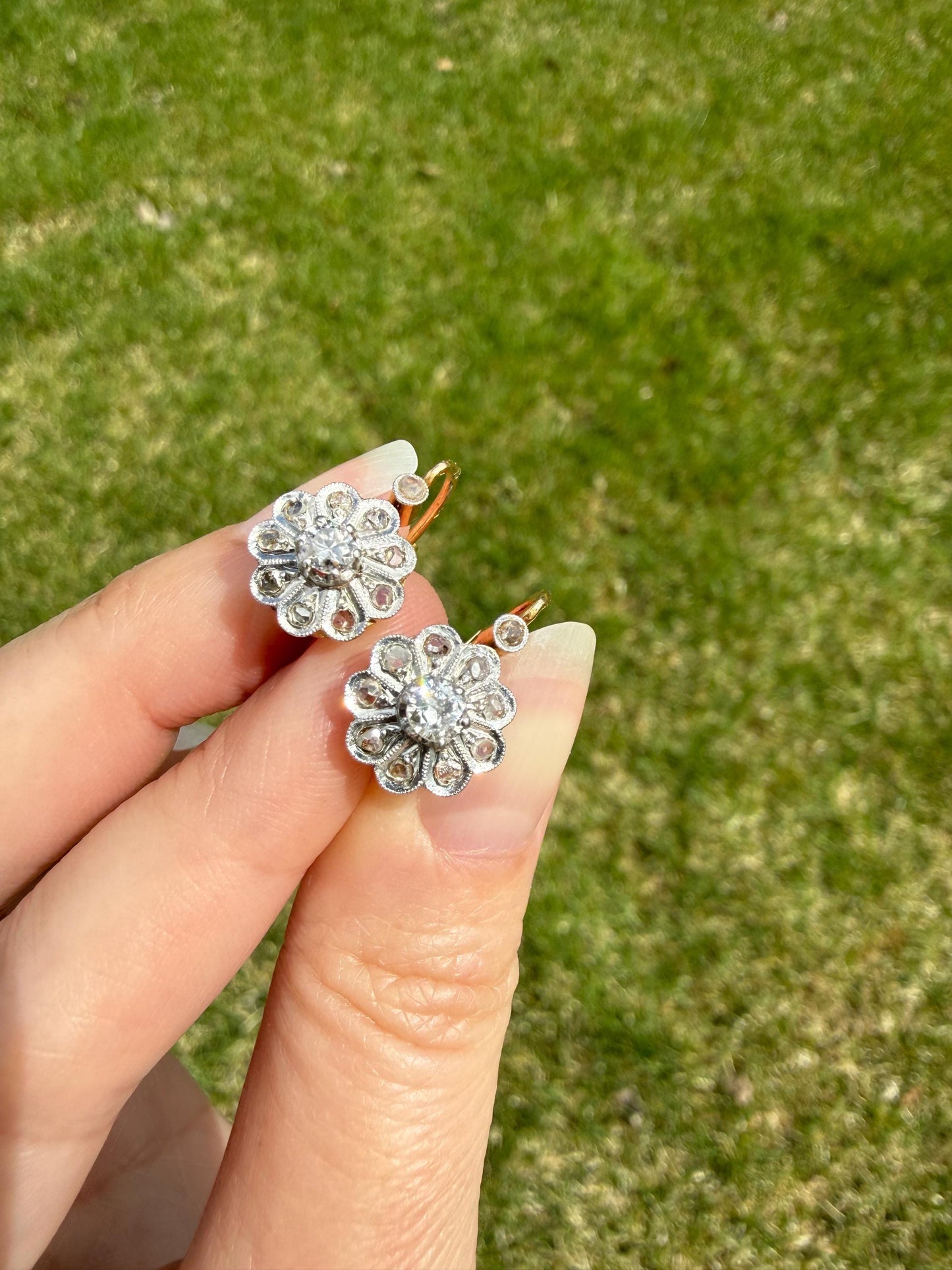 Victorian ANTIQUE Old Mine Rose Cut Diamond Daisy Cluster Dormeuse Earrings French 18k Gold Solid Floral Petals Dangle Belle Epoque