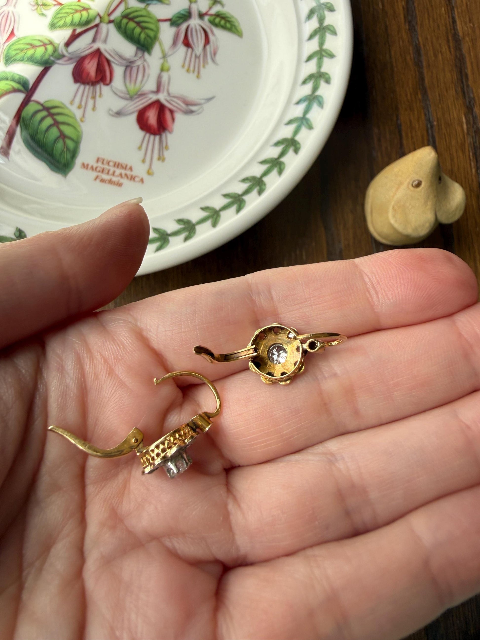 Victorian ANTIQUE Old Mine Rose Cut Diamond Daisy Cluster Dormeuse Earrings French 18k Gold Solid Floral Petals Dangle Belle Epoque