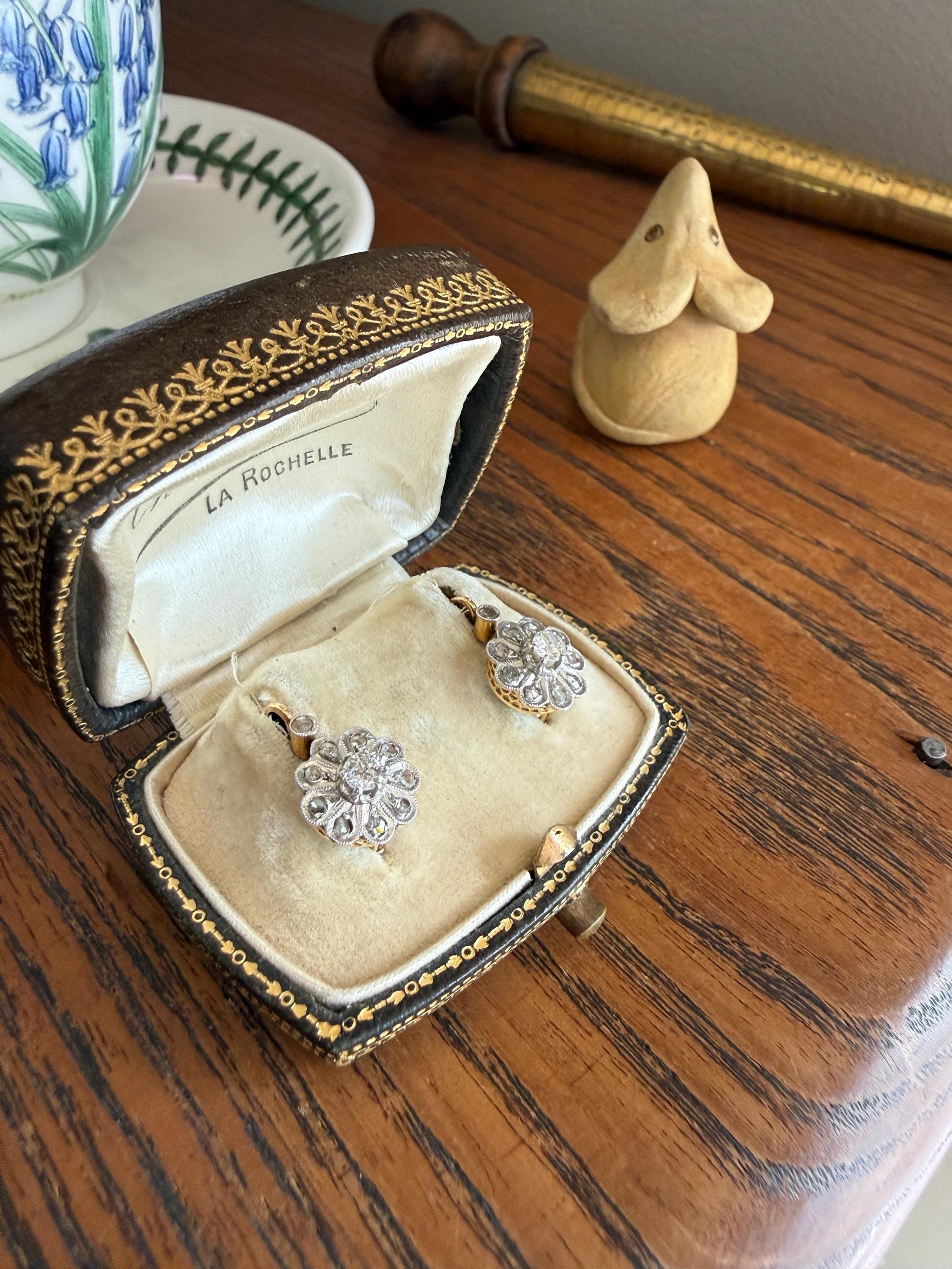 Victorian ANTIQUE Old Mine Rose Cut Diamond Daisy Cluster Dormeuse Earrings French 18k Gold Solid Floral Petals Dangle Belle Epoque