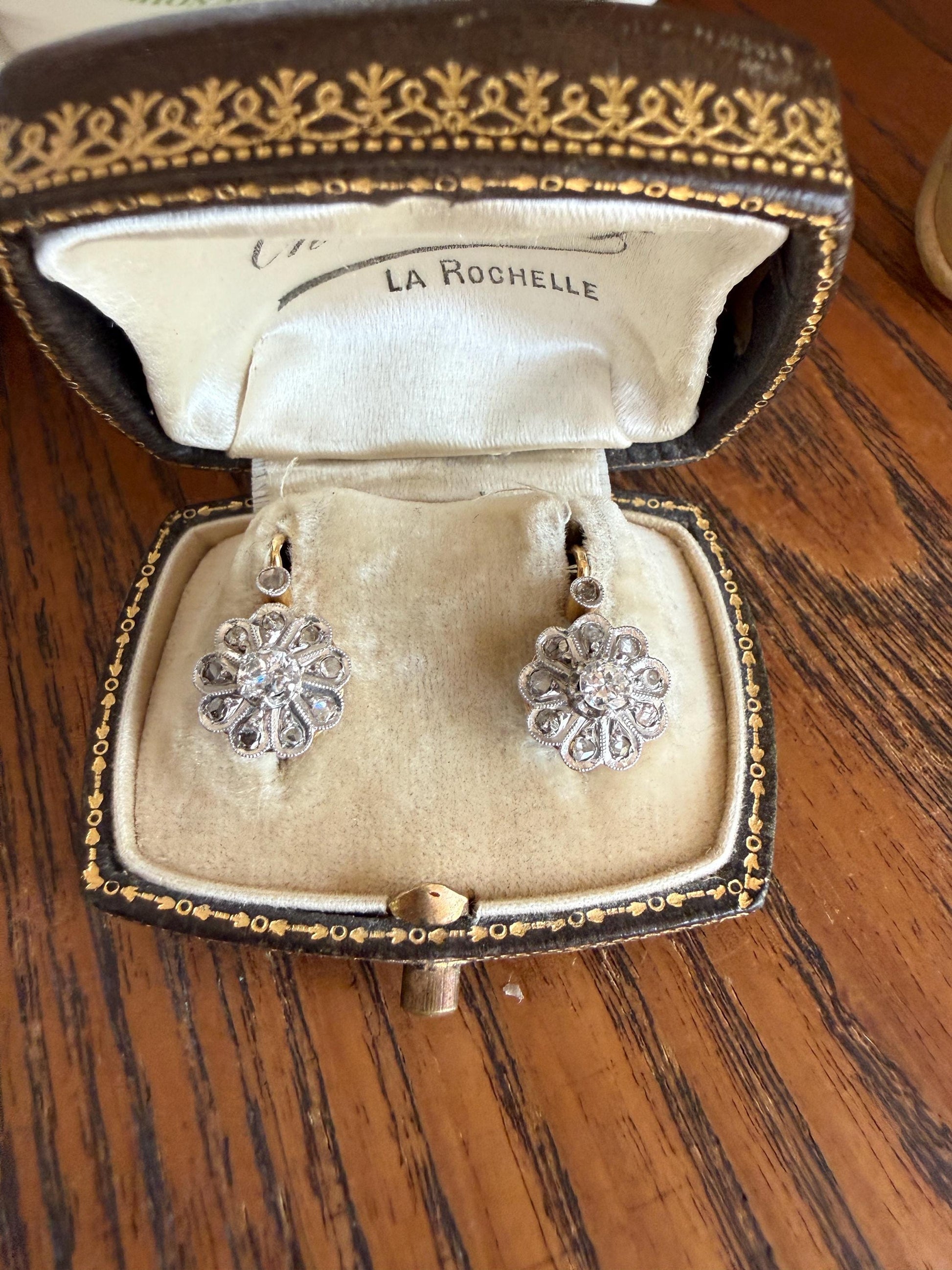 Victorian ANTIQUE Old Mine Rose Cut Diamond Daisy Cluster Dormeuse Earrings French 18k Gold Solid Floral Petals Dangle Belle Epoque