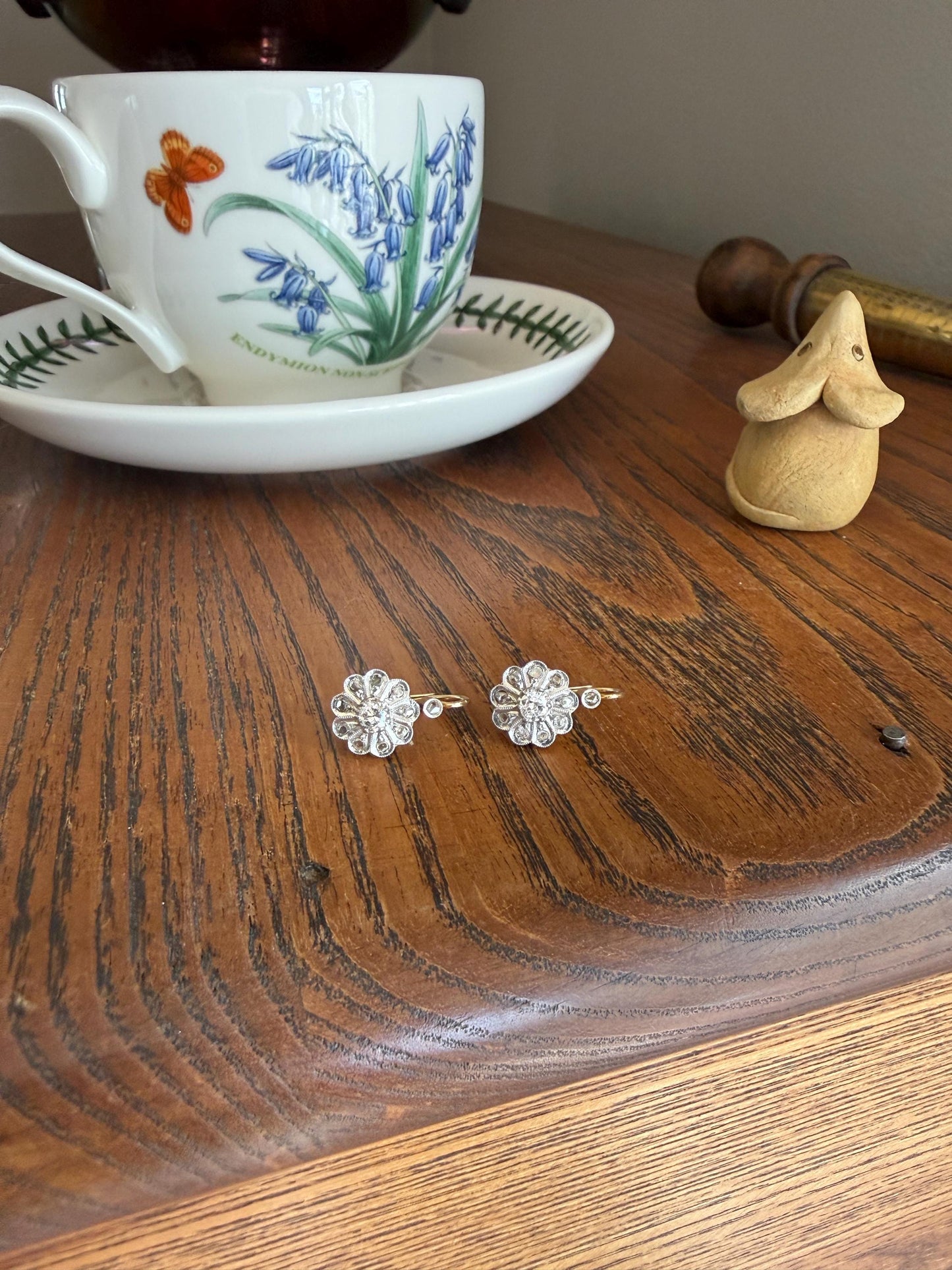 Victorian ANTIQUE Old Mine Rose Cut Diamond Daisy Cluster Dormeuse Earrings French 18k Gold Solid Floral Petals Dangle Belle Epoque