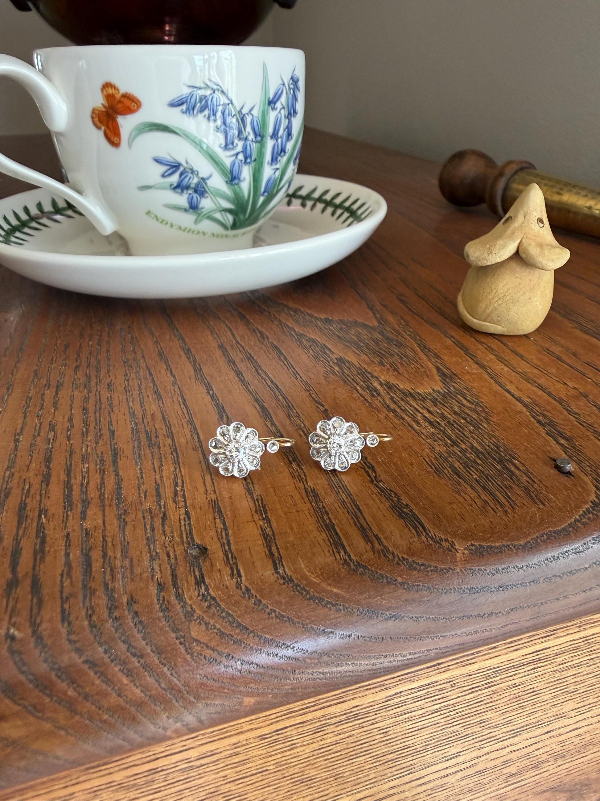 Victorian ANTIQUE Old Mine Rose Cut Diamond Daisy Cluster Dormeuse Earrings French 18k Gold Solid Floral Petals Dangle Belle Epoque