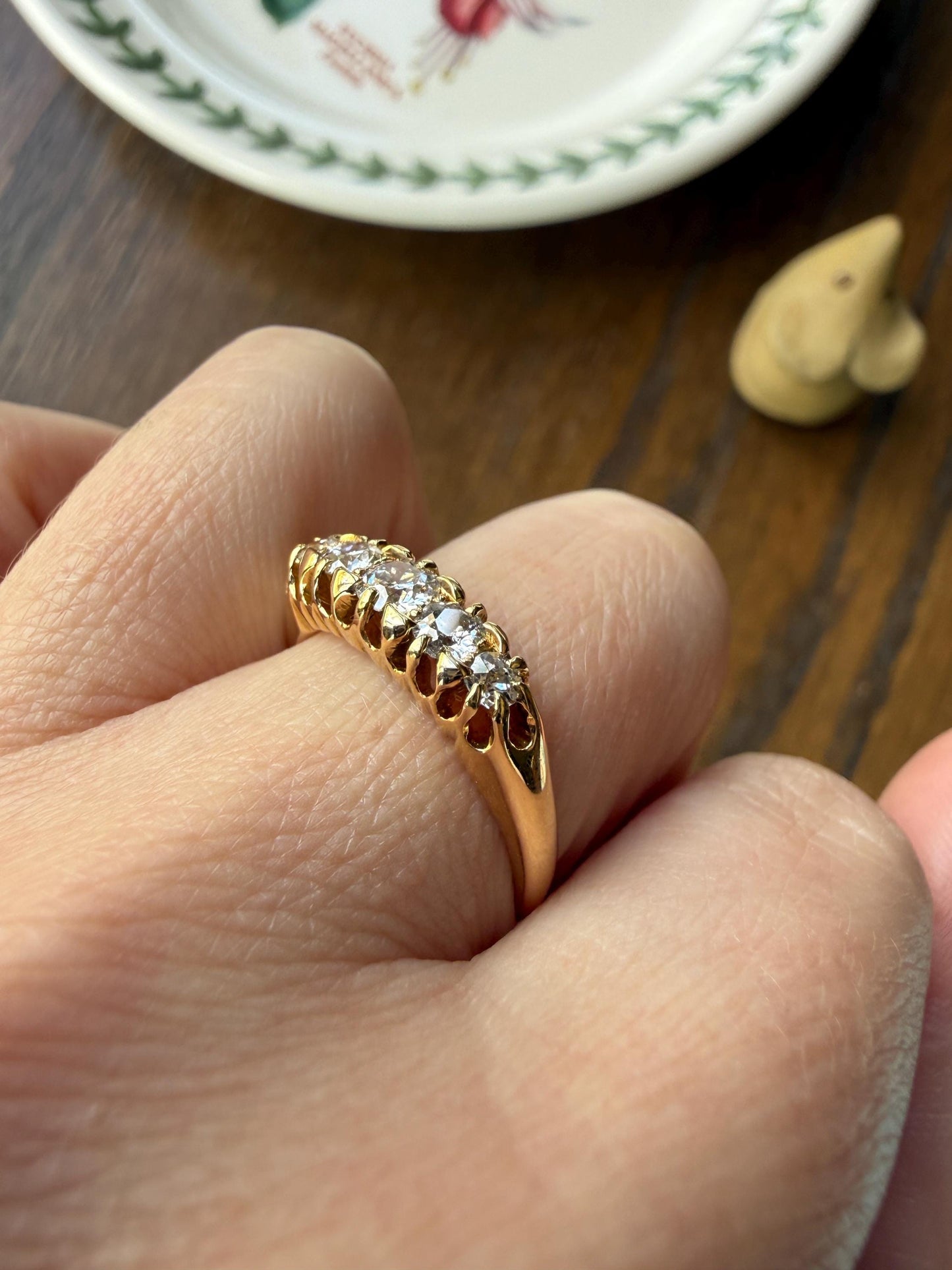 Victorian Antique .7 Carat Old Mine Cut Diamond Five Stone Ring Sturdy 18k GOLD Stacker Band OMC Daily Wearer