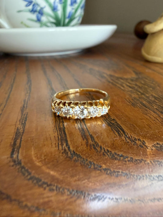 Victorian Antique .7 Carat Old Mine Cut Diamond Five Stone Ring Sturdy 18k GOLD Stacker Band OMC Daily Wearer