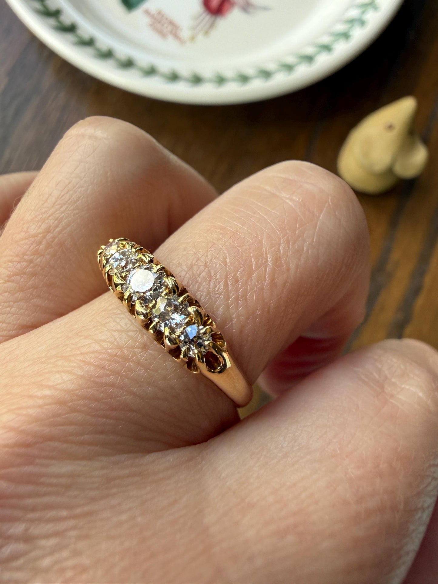 Victorian Antique .7 Carat Old Mine Cut Diamond Five Stone Ring Sturdy 18k GOLD Stacker Band OMC Daily Wearer