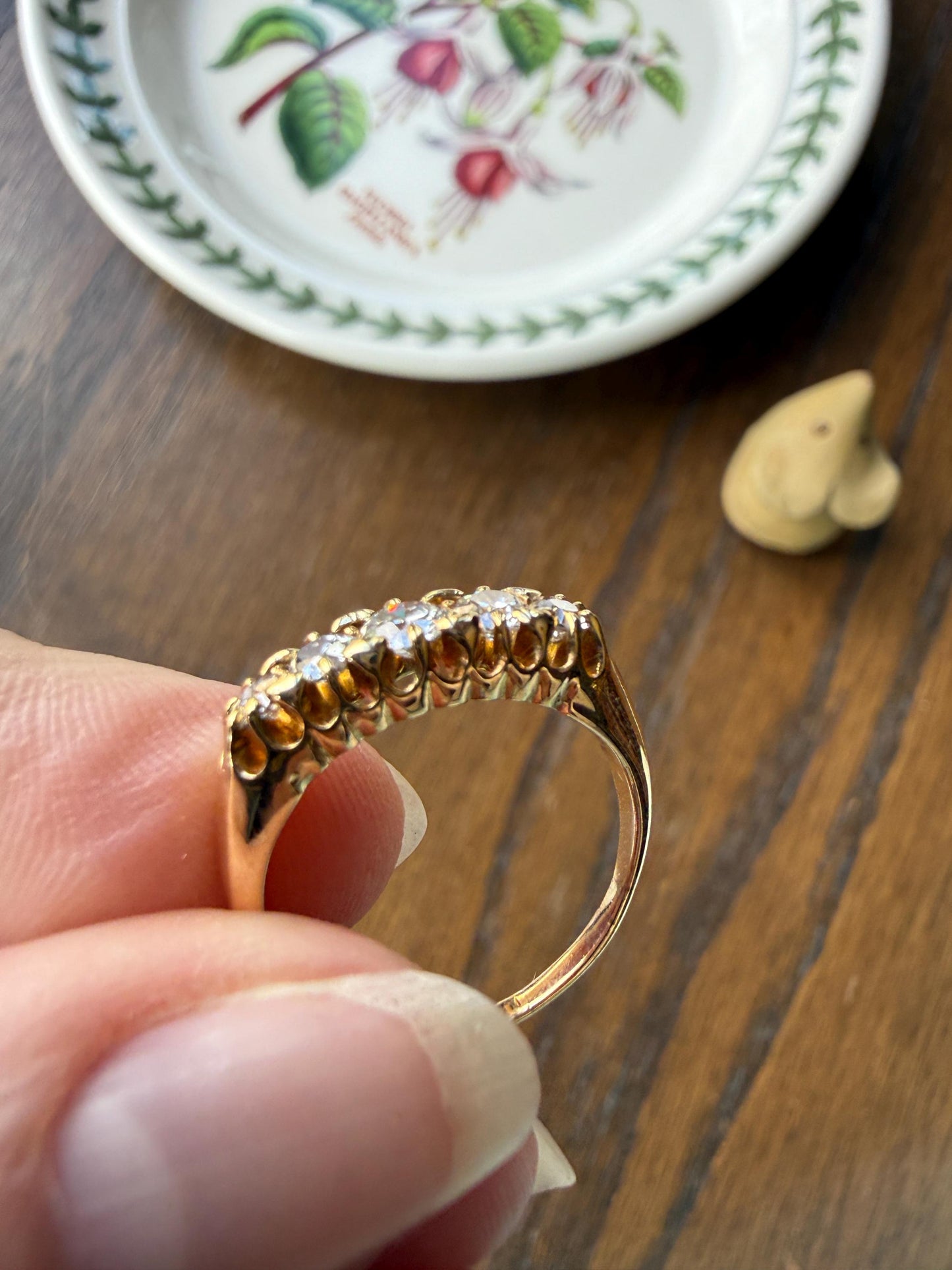 Victorian Antique .7 Carat Old Mine Cut Diamond Five Stone Ring Sturdy 18k GOLD Stacker Band OMC Daily Wearer