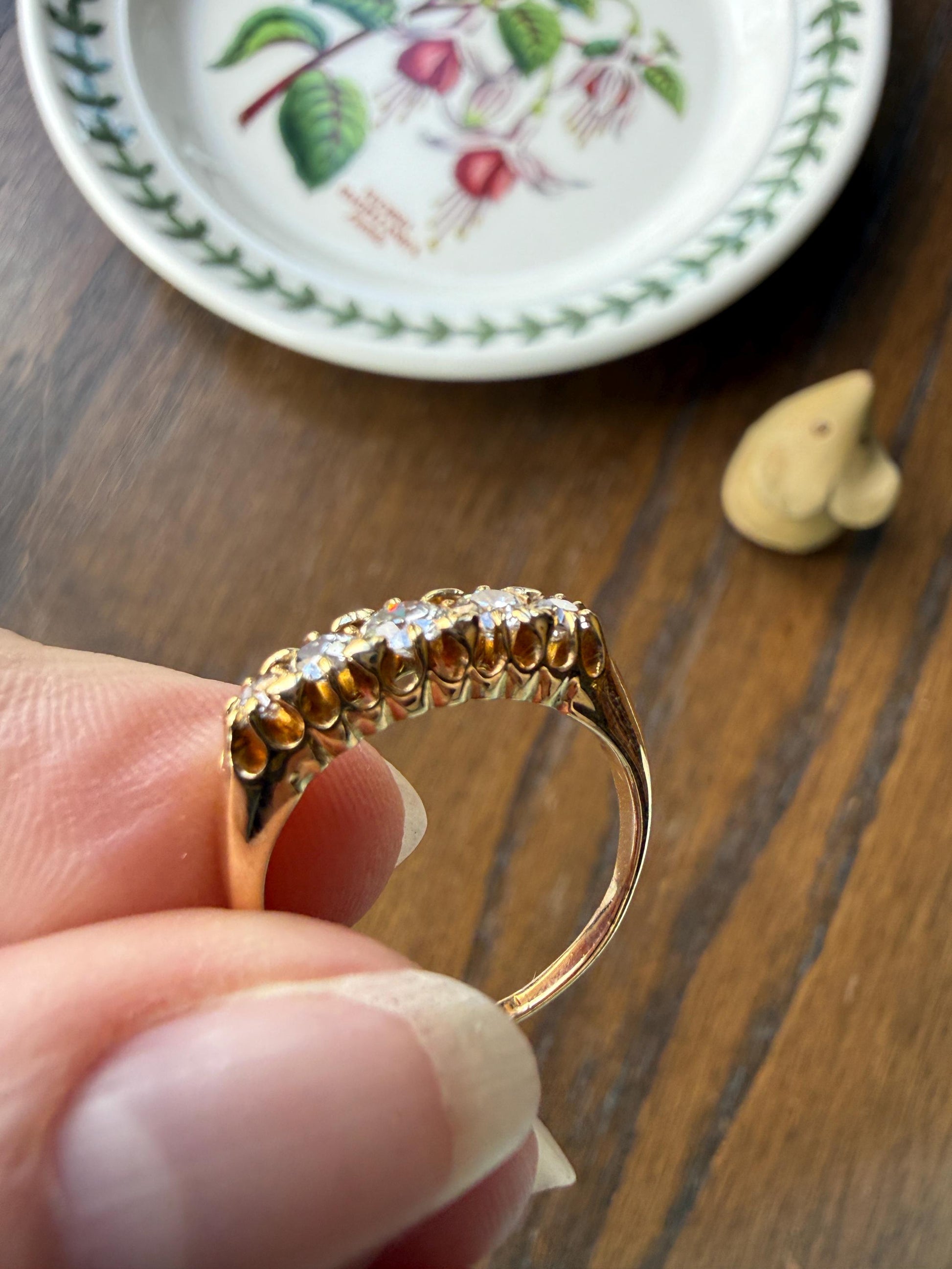 Victorian Antique .7 Carat Old Mine Cut Diamond Five Stone Ring Sturdy 18k GOLD Stacker Band OMC Daily Wearer