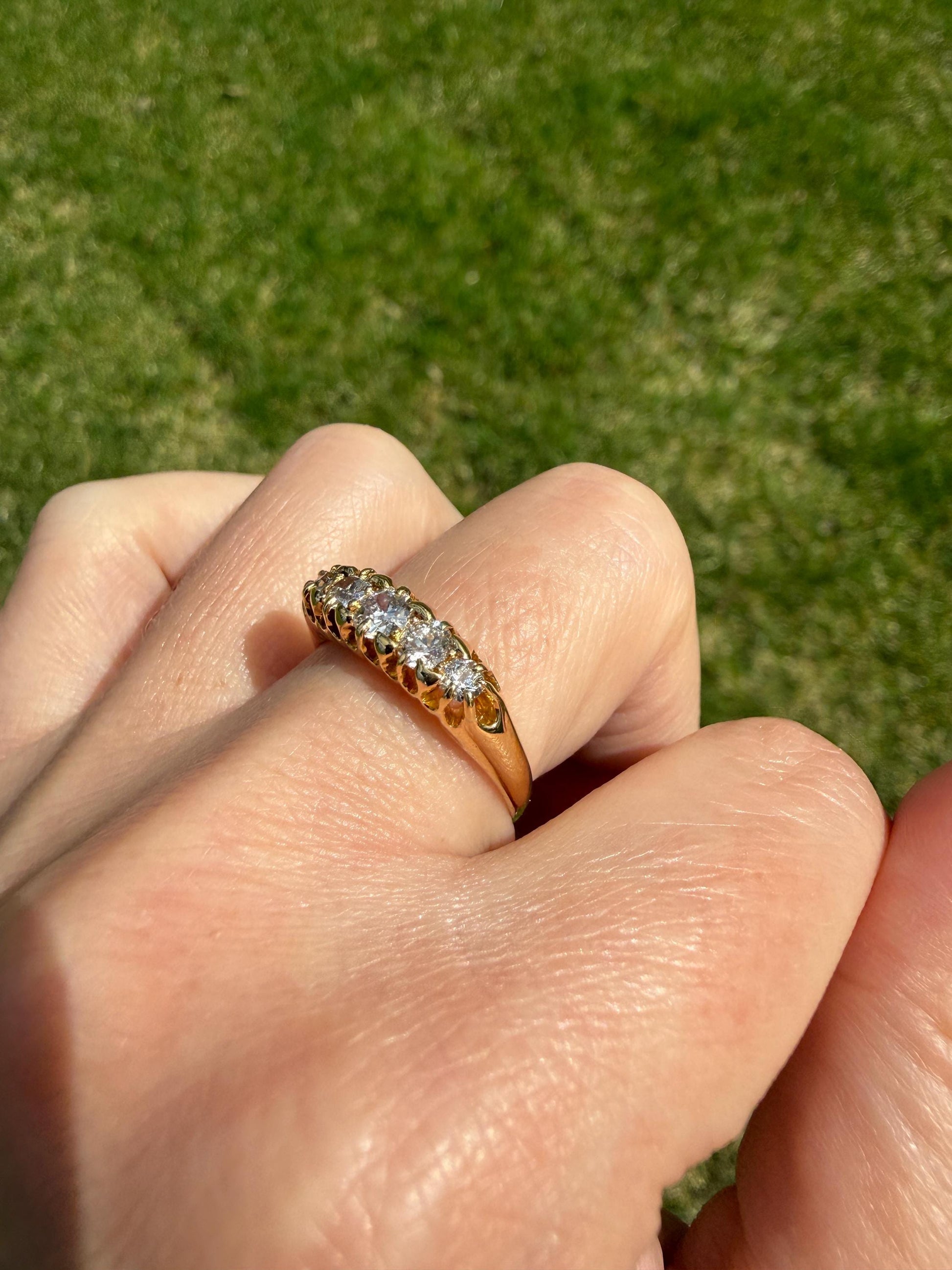Victorian Antique .7 Carat Old Mine Cut Diamond Five Stone Ring Sturdy 18k GOLD Stacker Band OMC Daily Wearer
