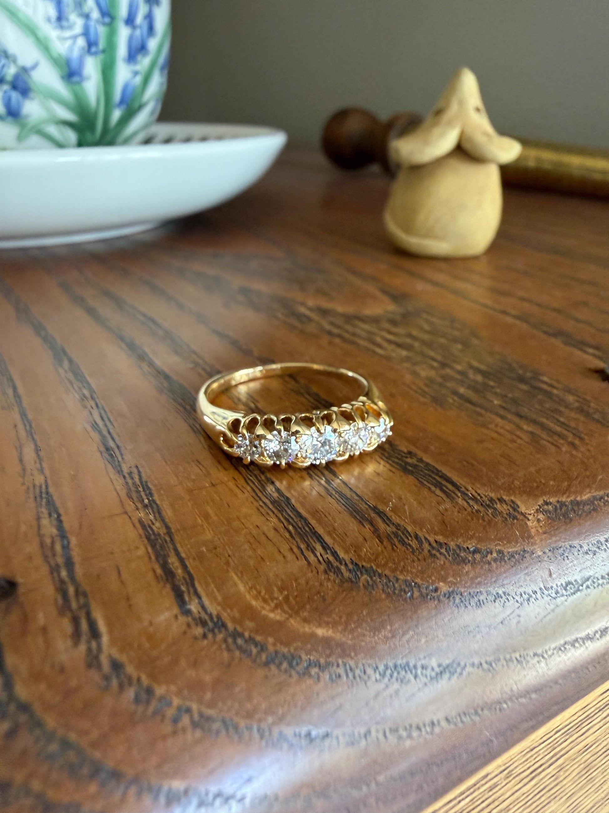 Victorian Antique .7 Carat Old Mine Cut Diamond Five Stone Ring Sturdy 18k GOLD Stacker Band OMC Daily Wearer