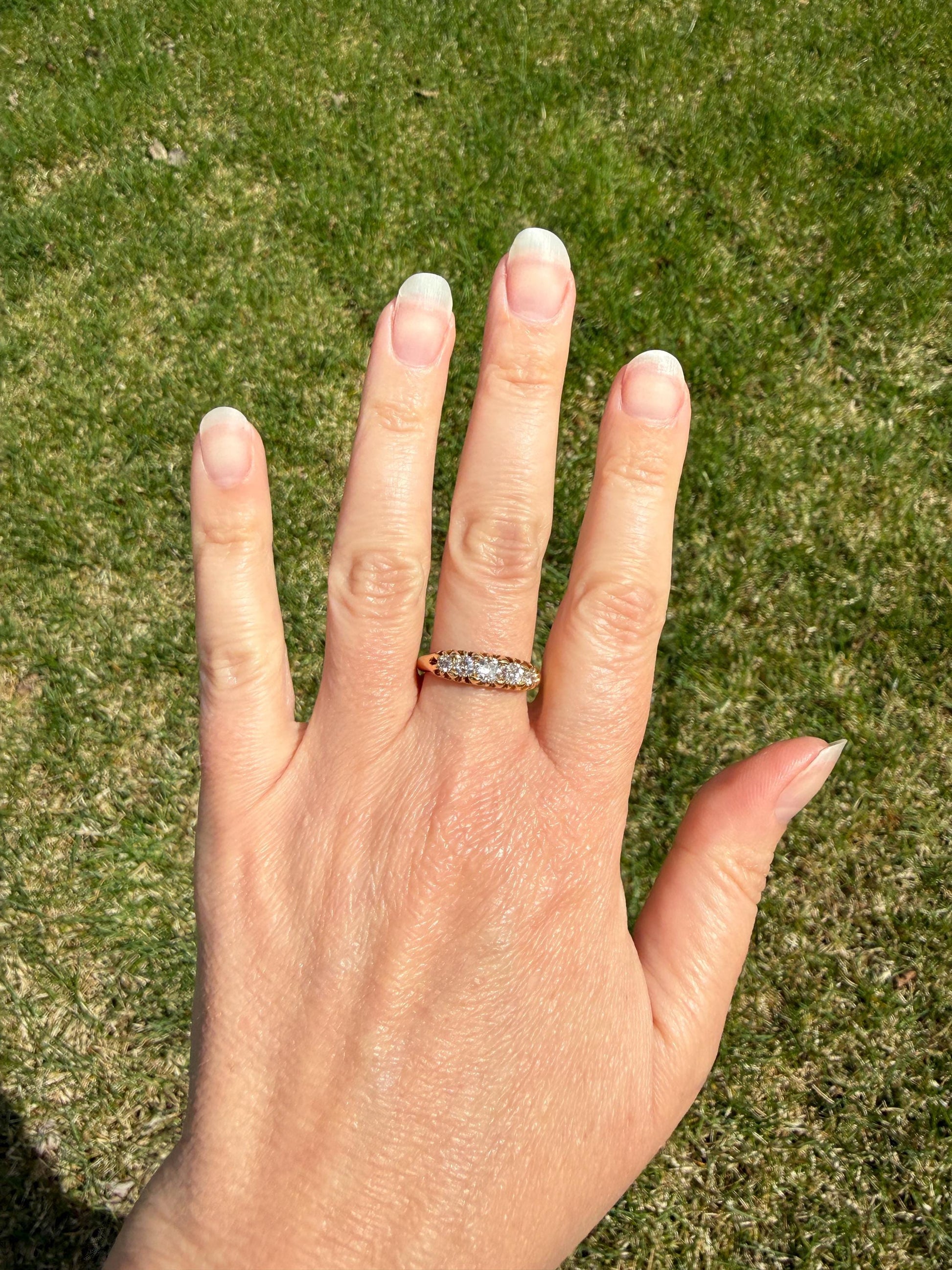 Victorian Antique .7 Carat Old Mine Cut Diamond Five Stone Ring Sturdy 18k GOLD Stacker Band OMC Daily Wearer