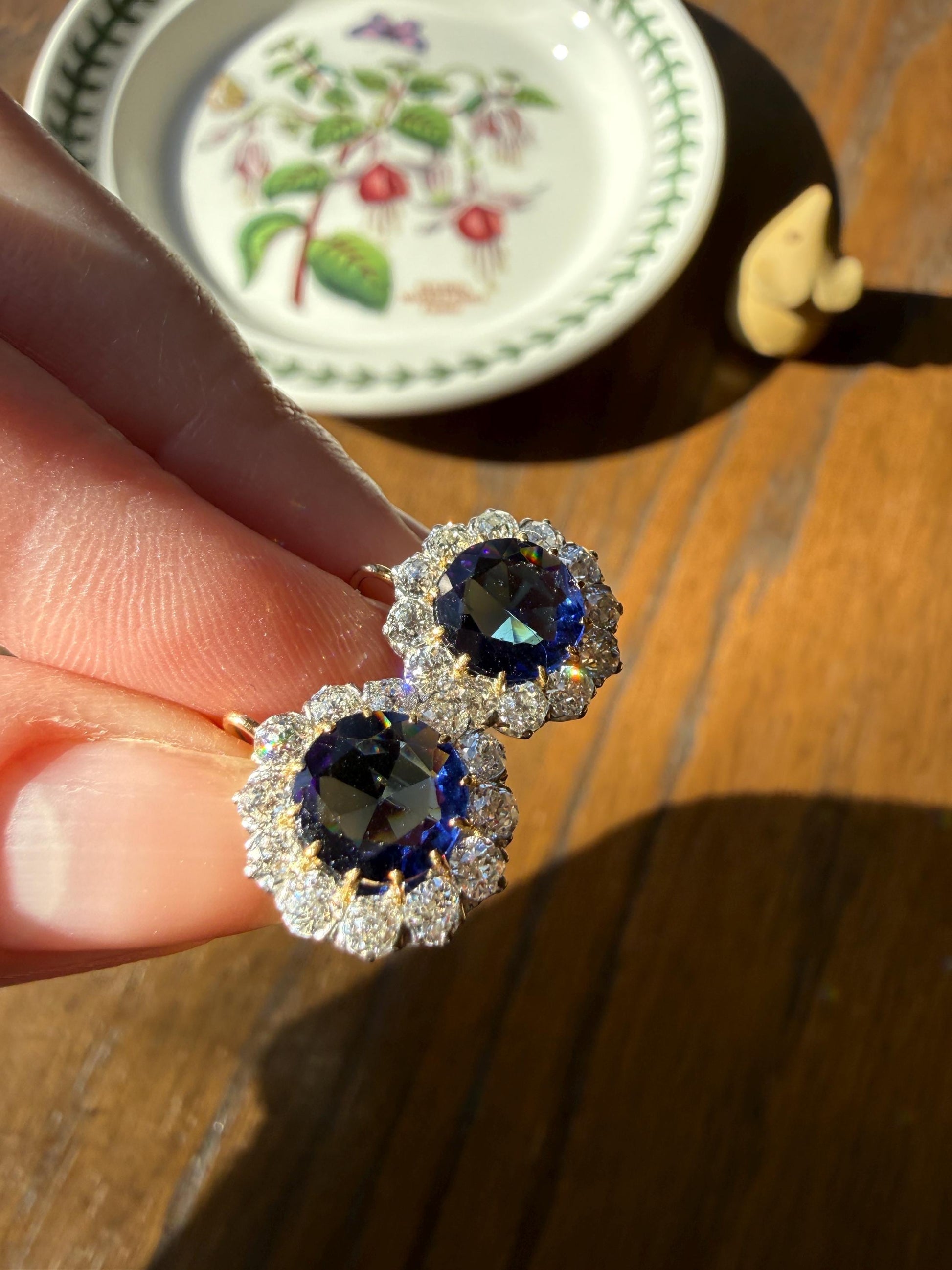 Antique 1.7 Carat Old Mine Cut DIAMOND Blue Paste Faux Sapphire 18k Gold Halo Dormeuse Earrings Victorian Dangle Gift Something Old Blue