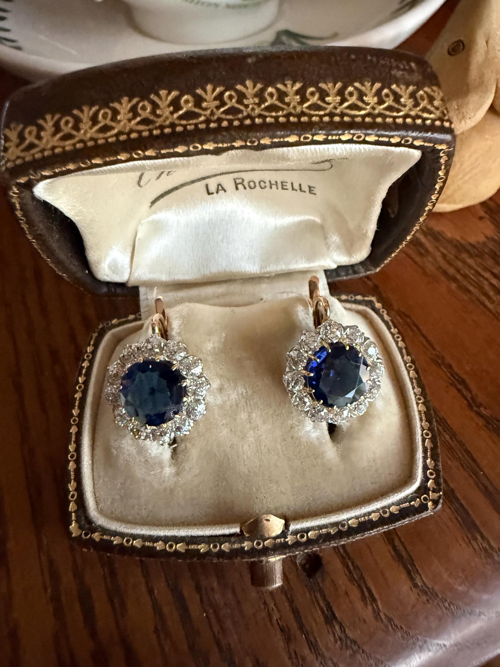 Antique 1.7 Carat Old Mine Cut DIAMOND Blue Paste Faux Sapphire 18k Gold Halo Dormeuse Earrings Victorian Dangle Gift Something Old Blue