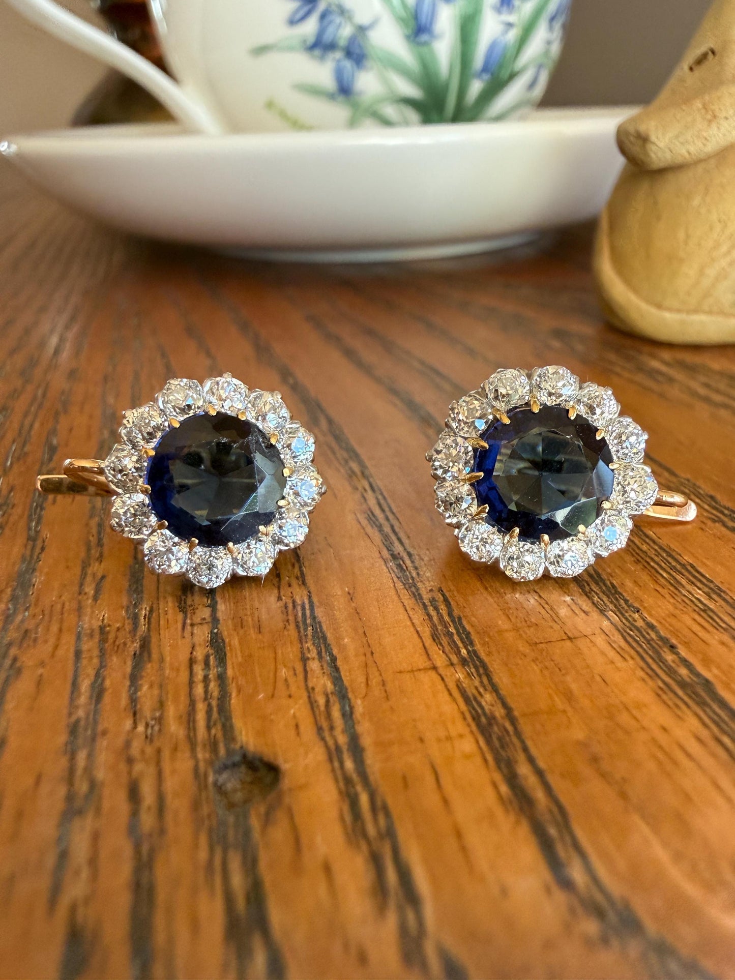 Antique 1.7 Carat Old Mine Cut DIAMOND Blue Paste Faux Sapphire 18k Gold Halo Dormeuse Earrings Victorian Dangle Gift Something Old Blue