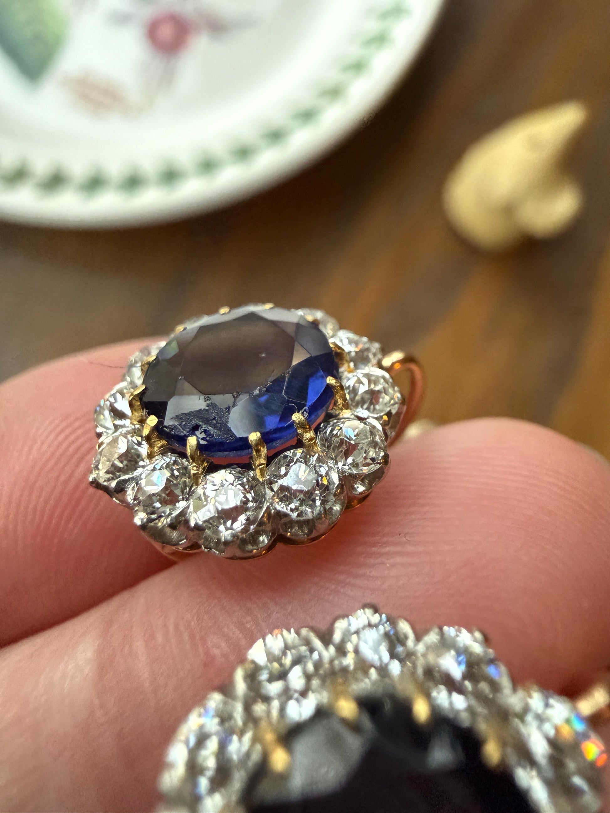 Antique 1.7 Carat Old Mine Cut DIAMOND Blue Paste Faux Sapphire 18k Gold Halo Dormeuse Earrings Victorian Dangle Gift Something Old Blue